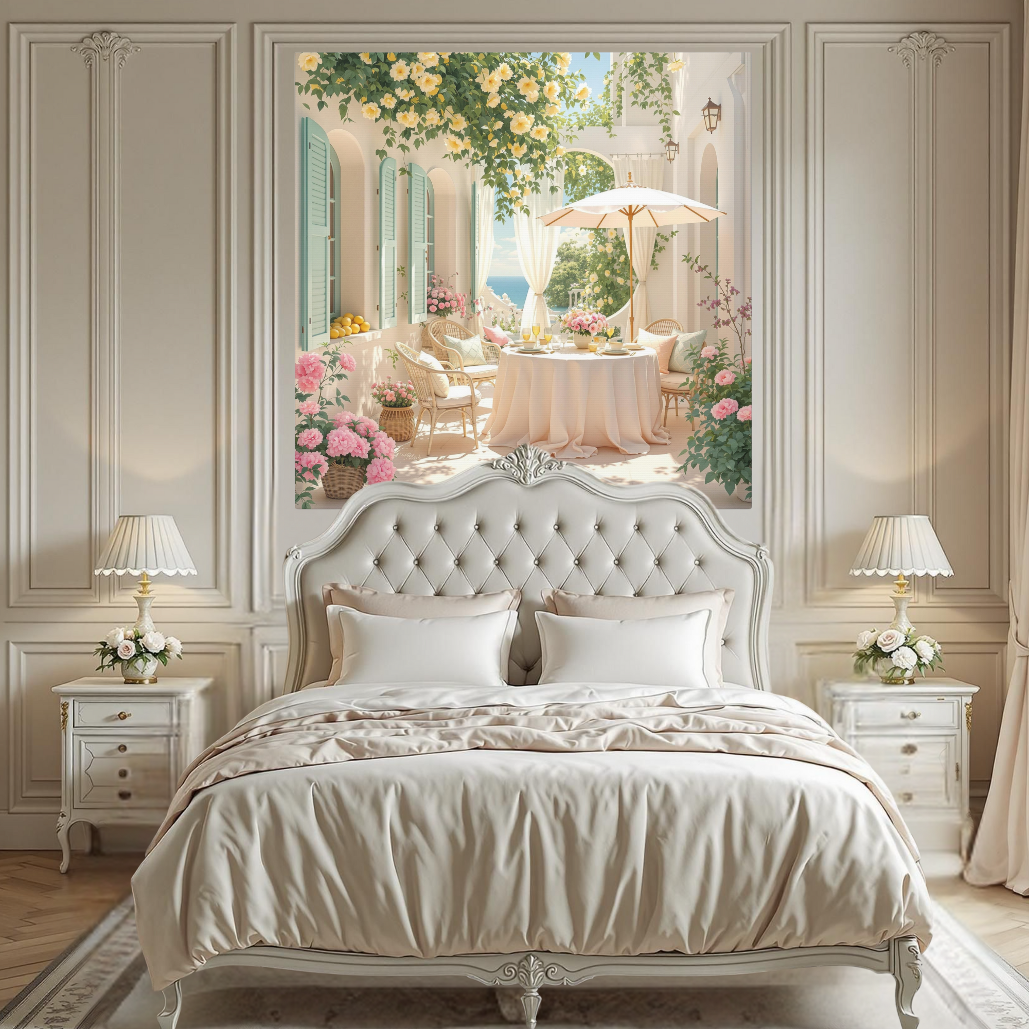 Pink Mediterranean Patio With Lemon Trees and Roses – Mediterranean Wall Art