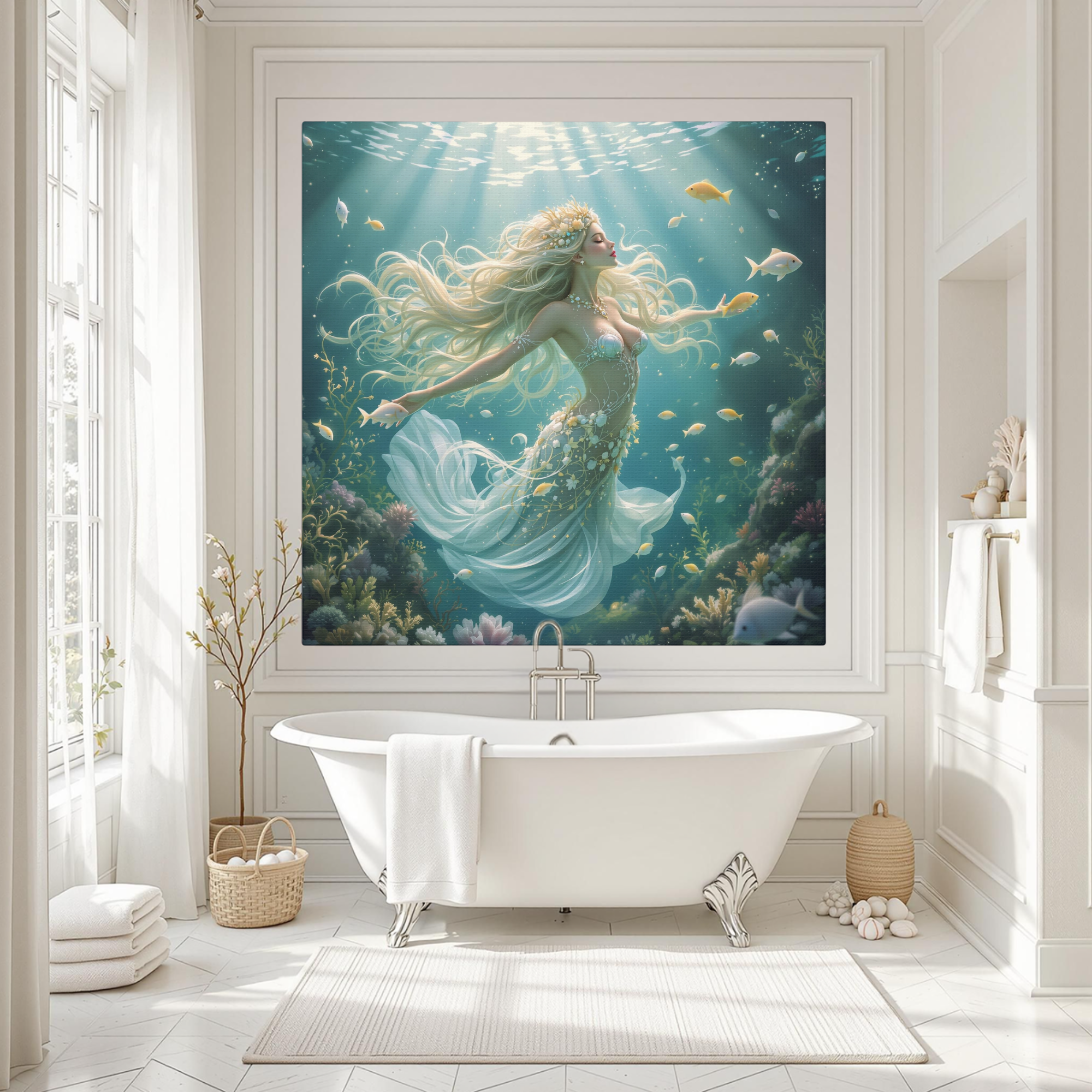 Blonde Mermaid With Seashell Crown Underwater – Fantasy Ocean Wall Art