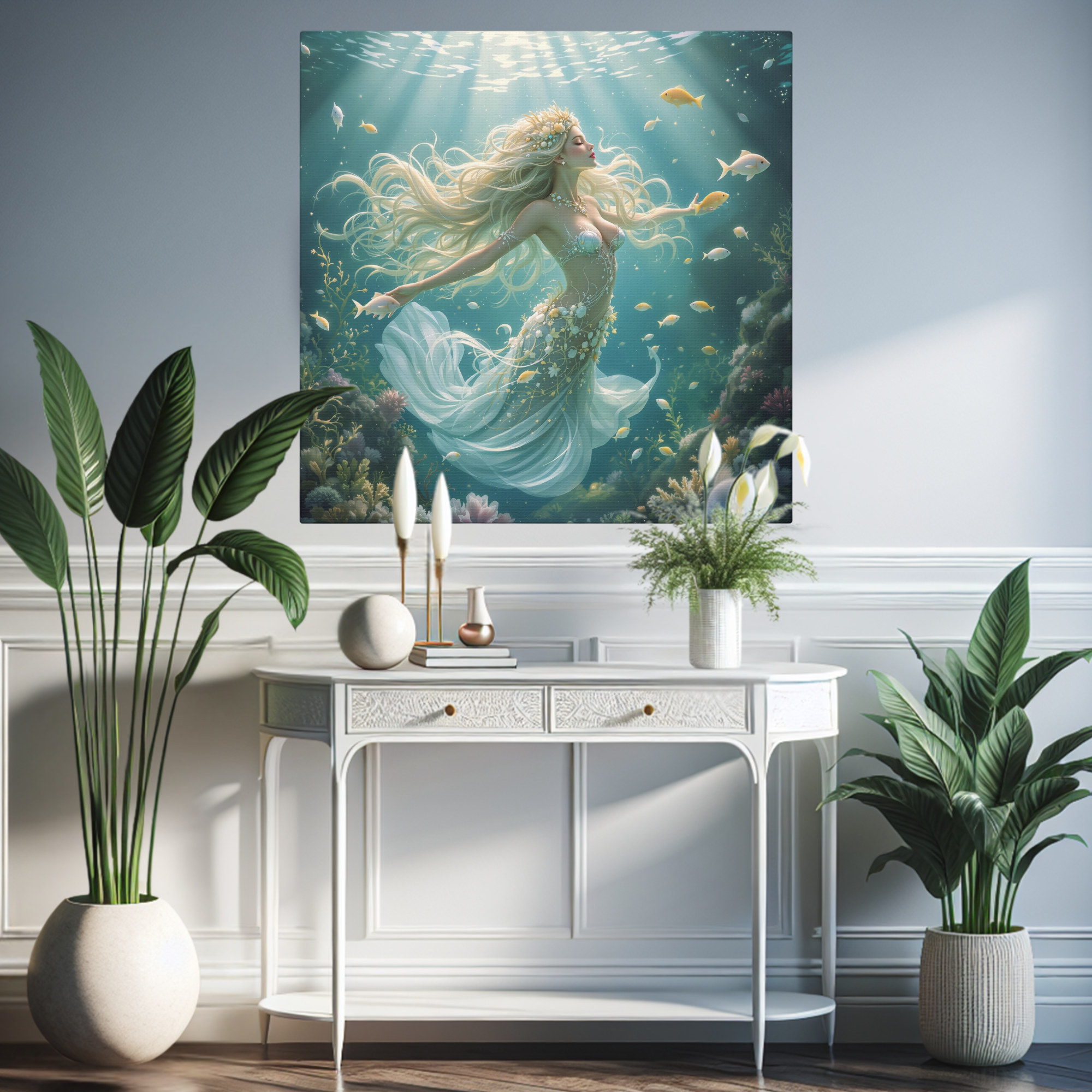 Blonde Mermaid With Seashell Crown Underwater – Fantasy Ocean Wall Art