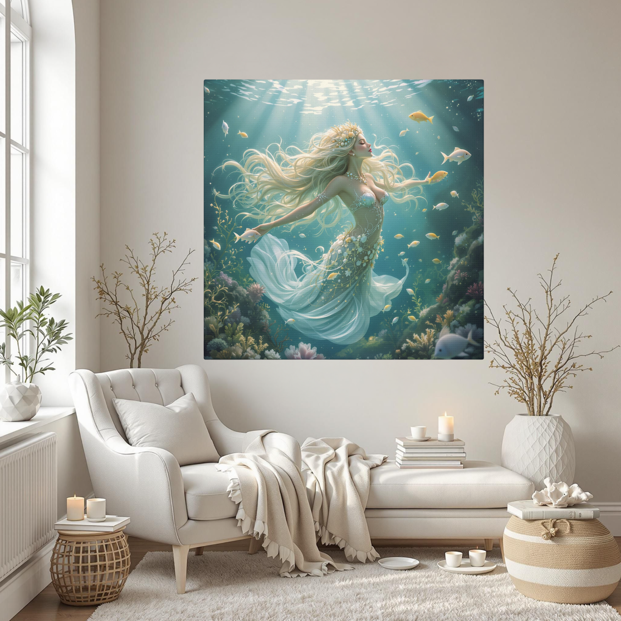 Blonde Mermaid With Seashell Crown Underwater – Fantasy Ocean Wall Art