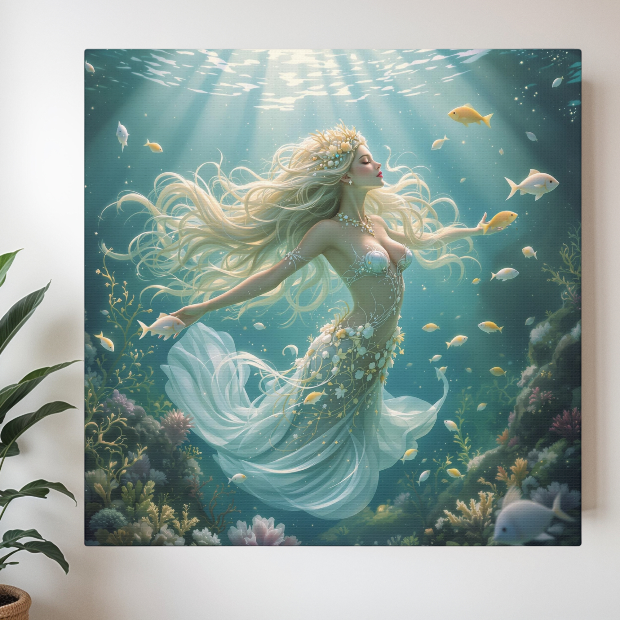 Blonde Mermaid With Seashell Crown Underwater – Fantasy Ocean Wall Art