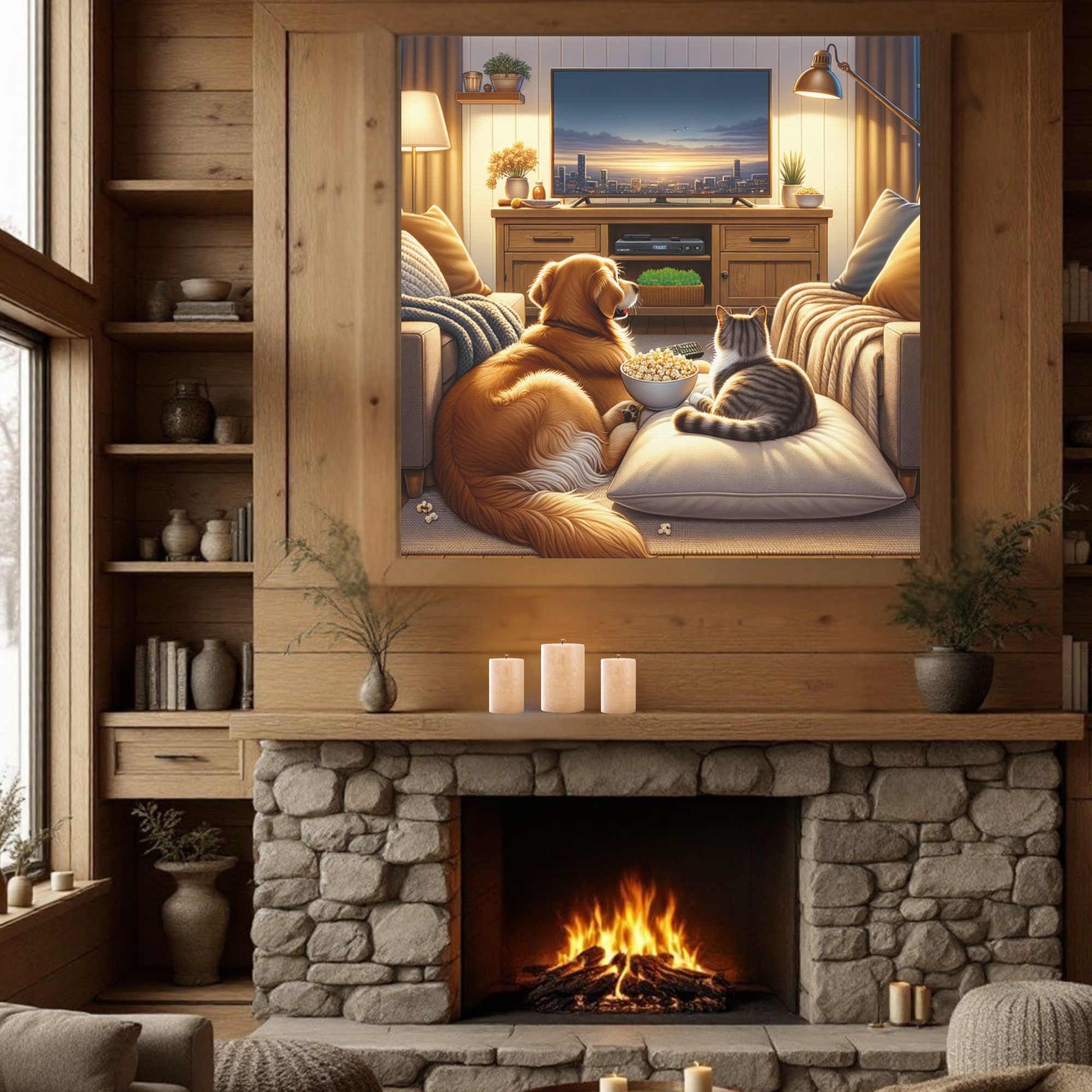 Dog and Cat Watching Movie With Popcorn – Cozy Pet Lover Wall Art