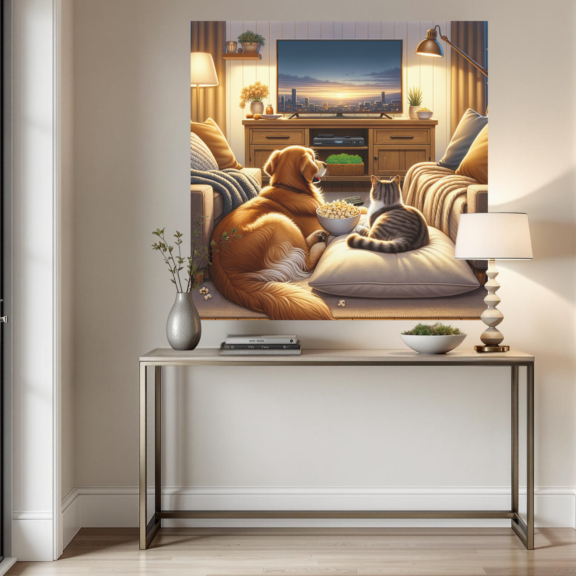 Dog and Cat Watching Movie With Popcorn – Cozy Pet Lover Wall Art