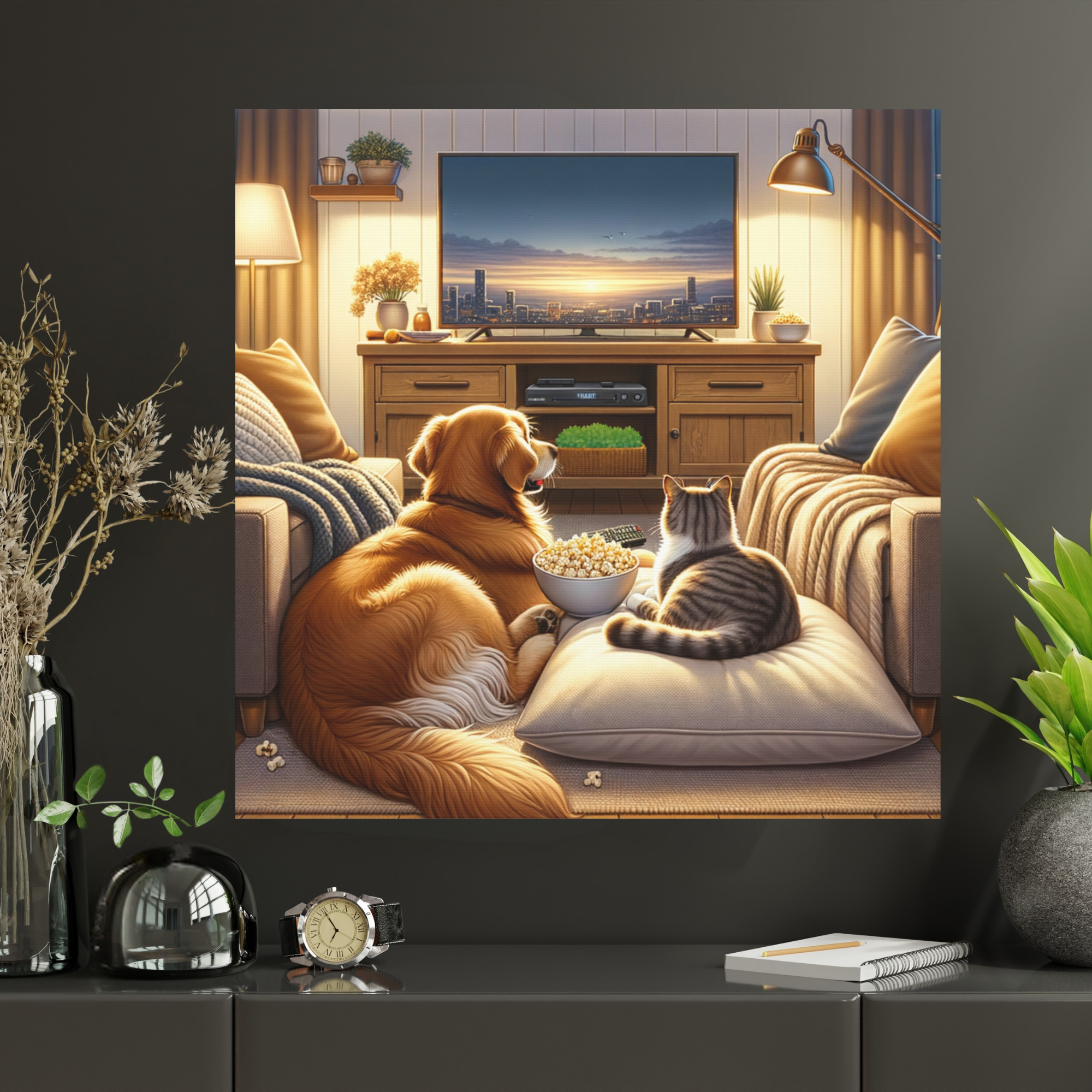 Dog and Cat Watching Movie With Popcorn – Cozy Pet Lover Wall Art