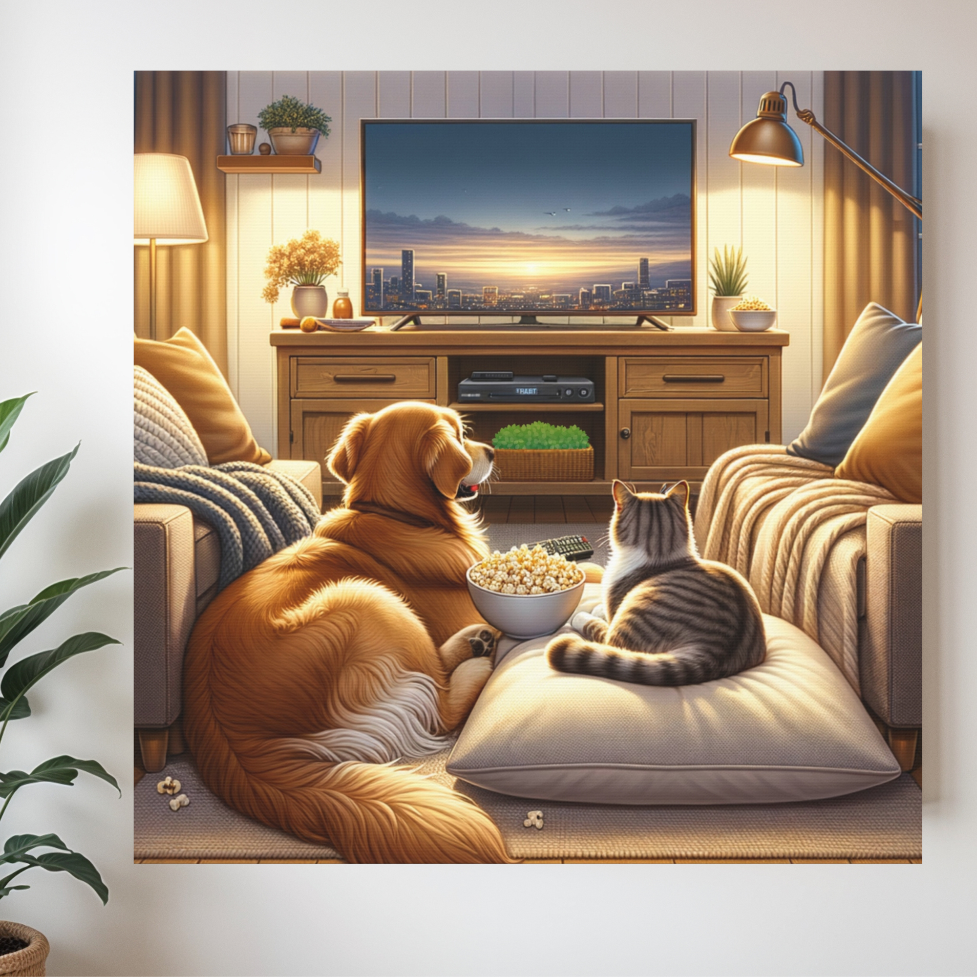 Dog and Cat Watching Movie With Popcorn – Cozy Pet Lover Wall Art