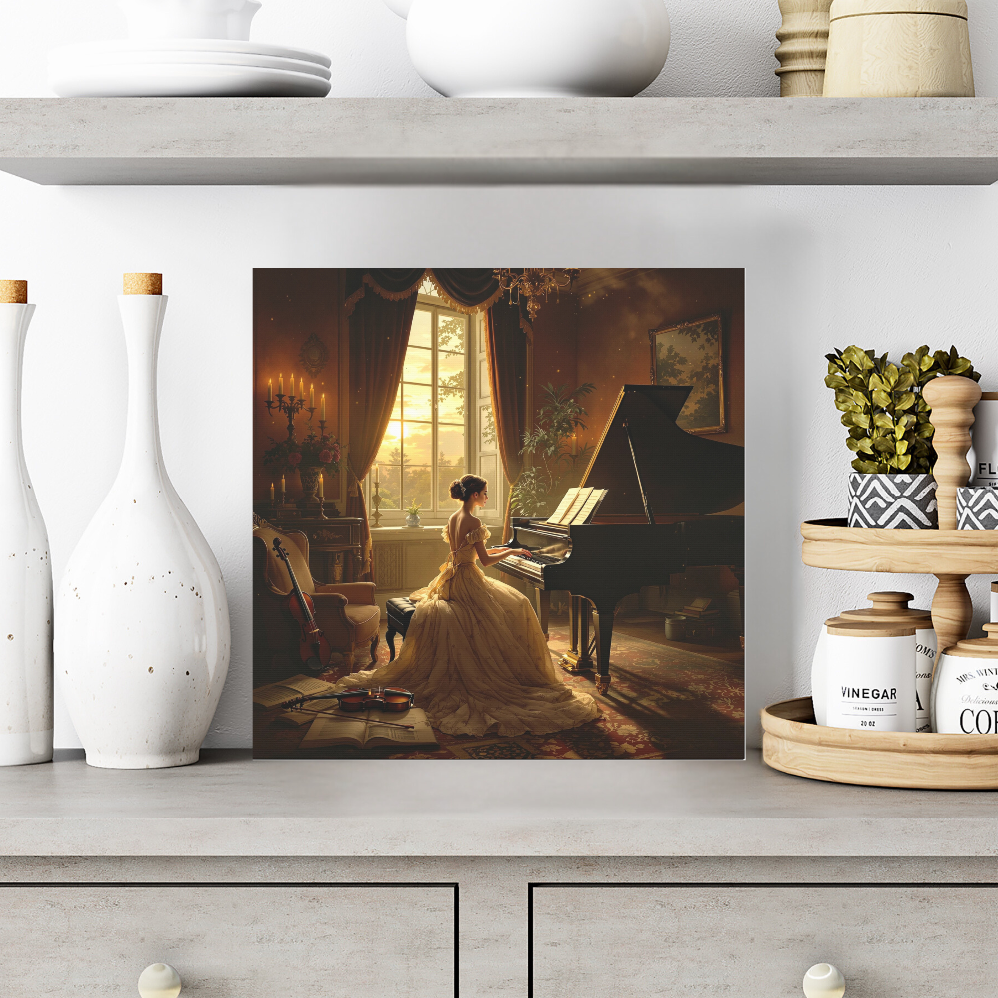 Victorian Woman at Piano in Golden Light – Romantic Classical Wall Art