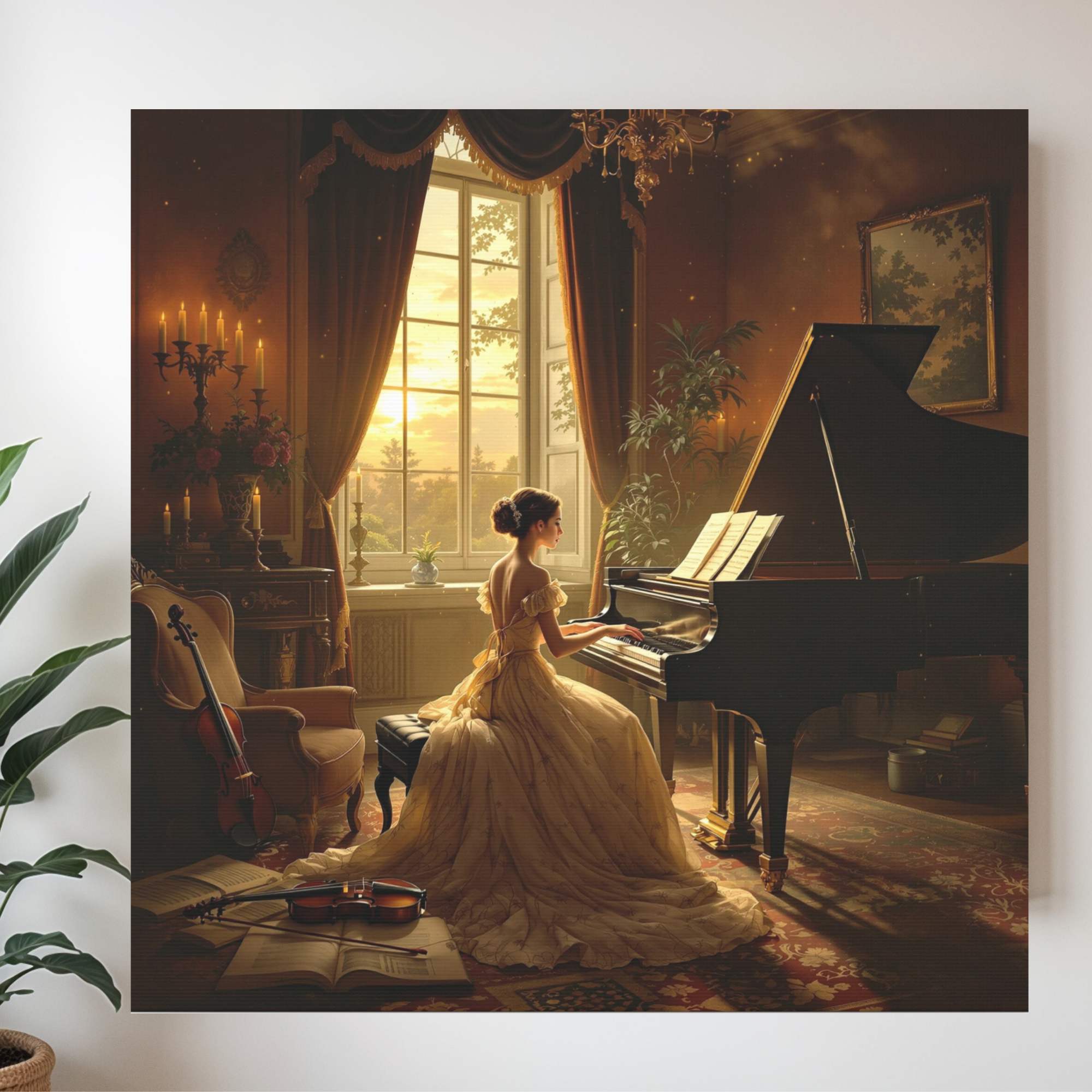 Victorian Woman at Piano in Golden Light – Romantic Classical Wall Art