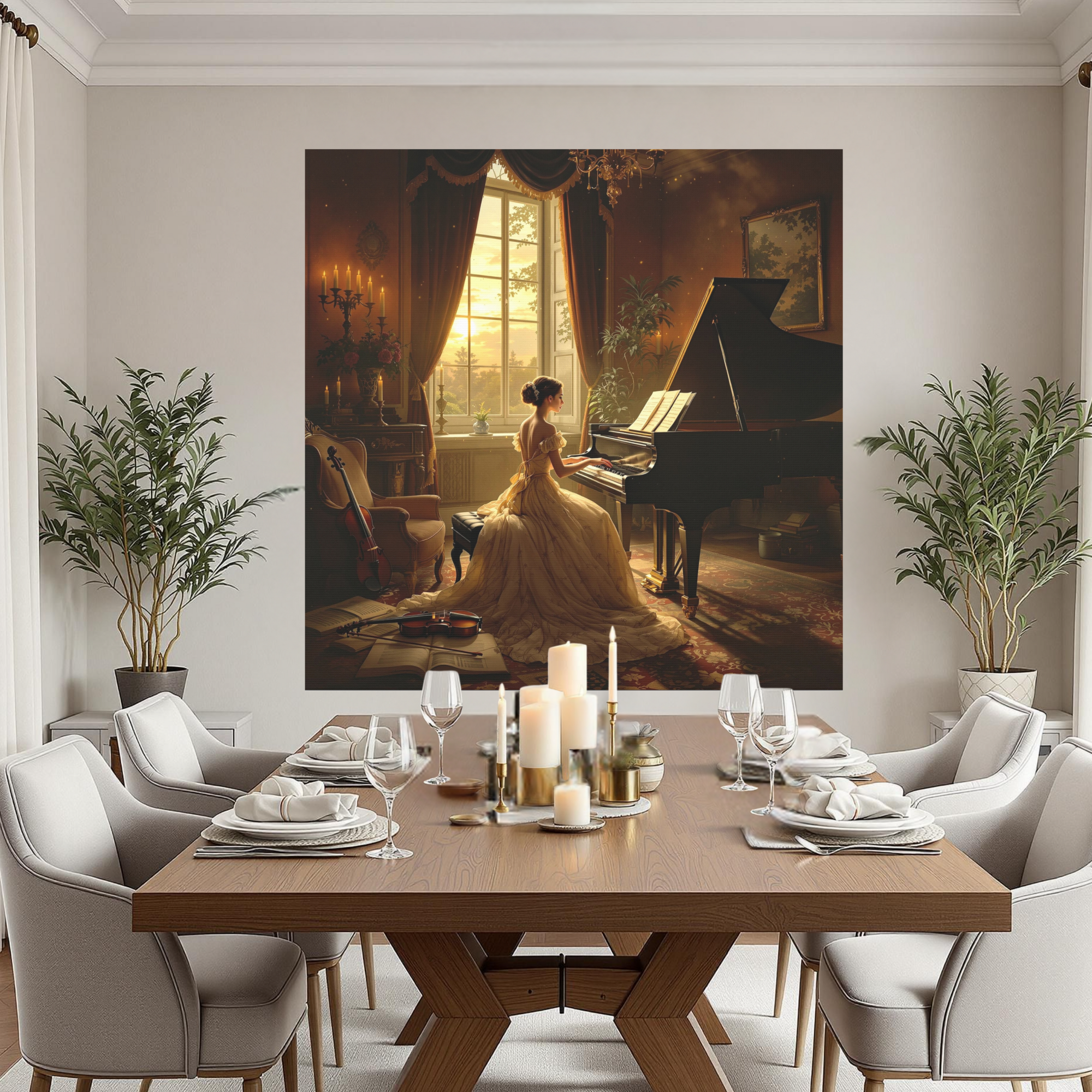 Victorian Woman at Piano in Golden Light – Romantic Classical Wall Art