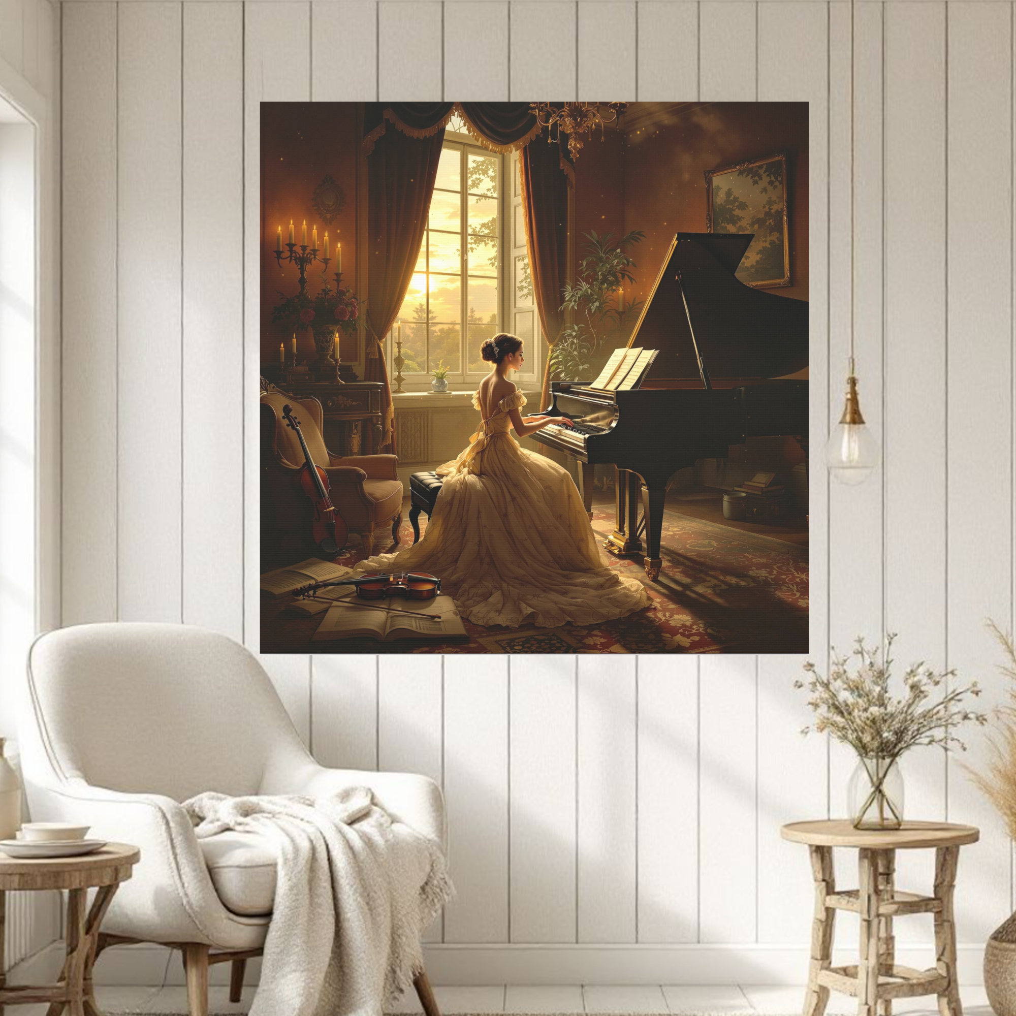 Victorian Woman at Piano in Golden Light – Romantic Classical Wall Art