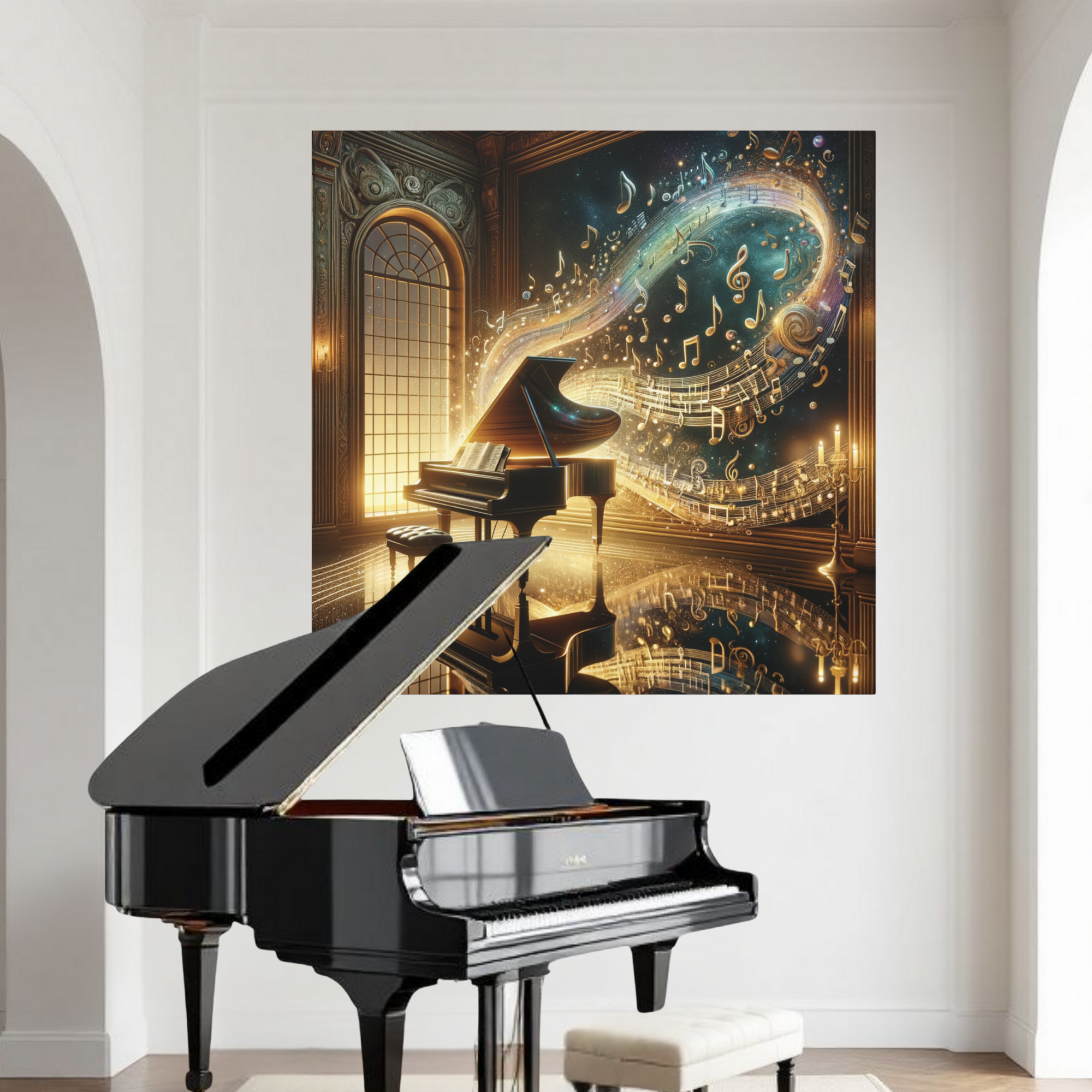 Celestial Music Room With Golden Notes – Elegant Piano Wall Art