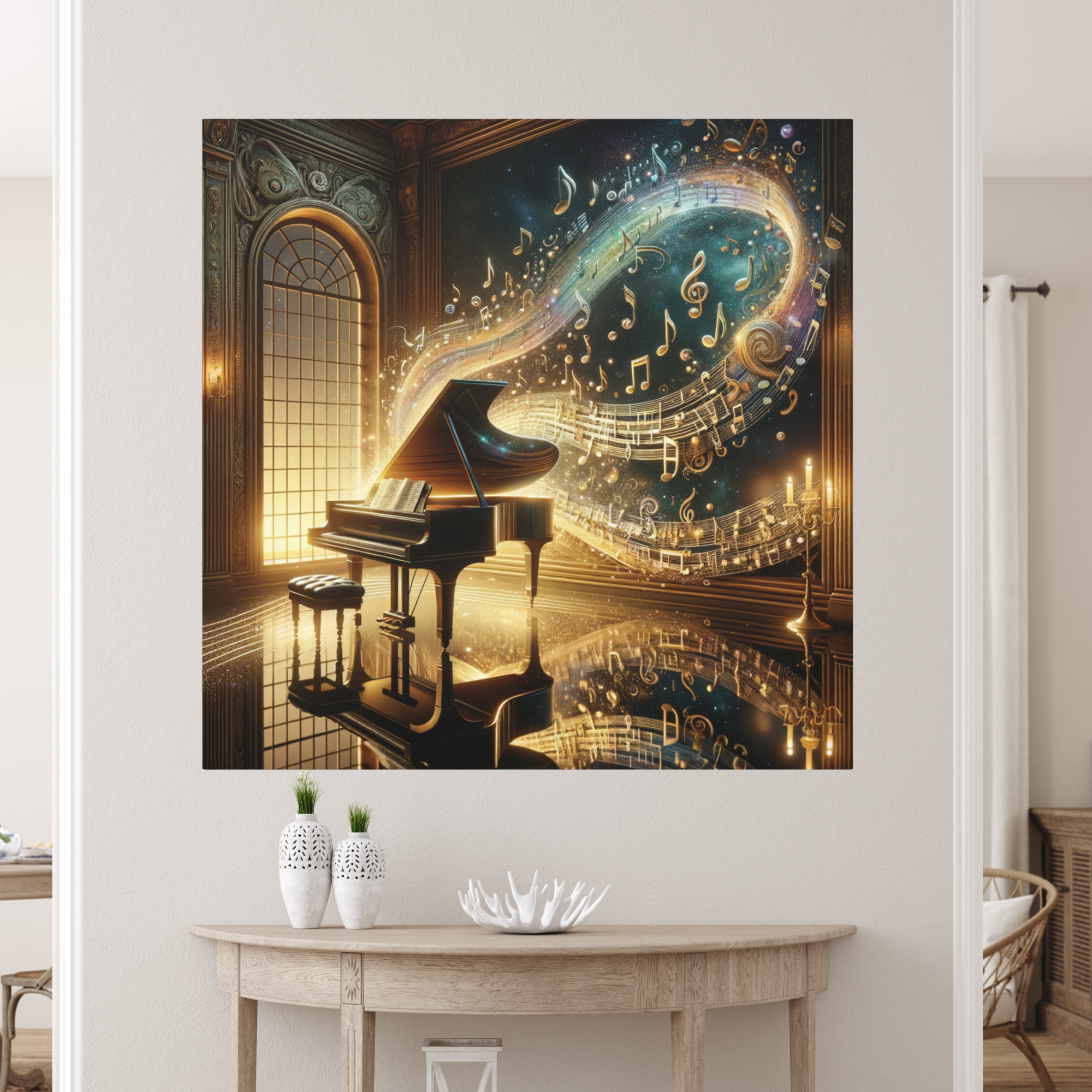 Celestial Music Room With Golden Notes – Elegant Piano Wall Art