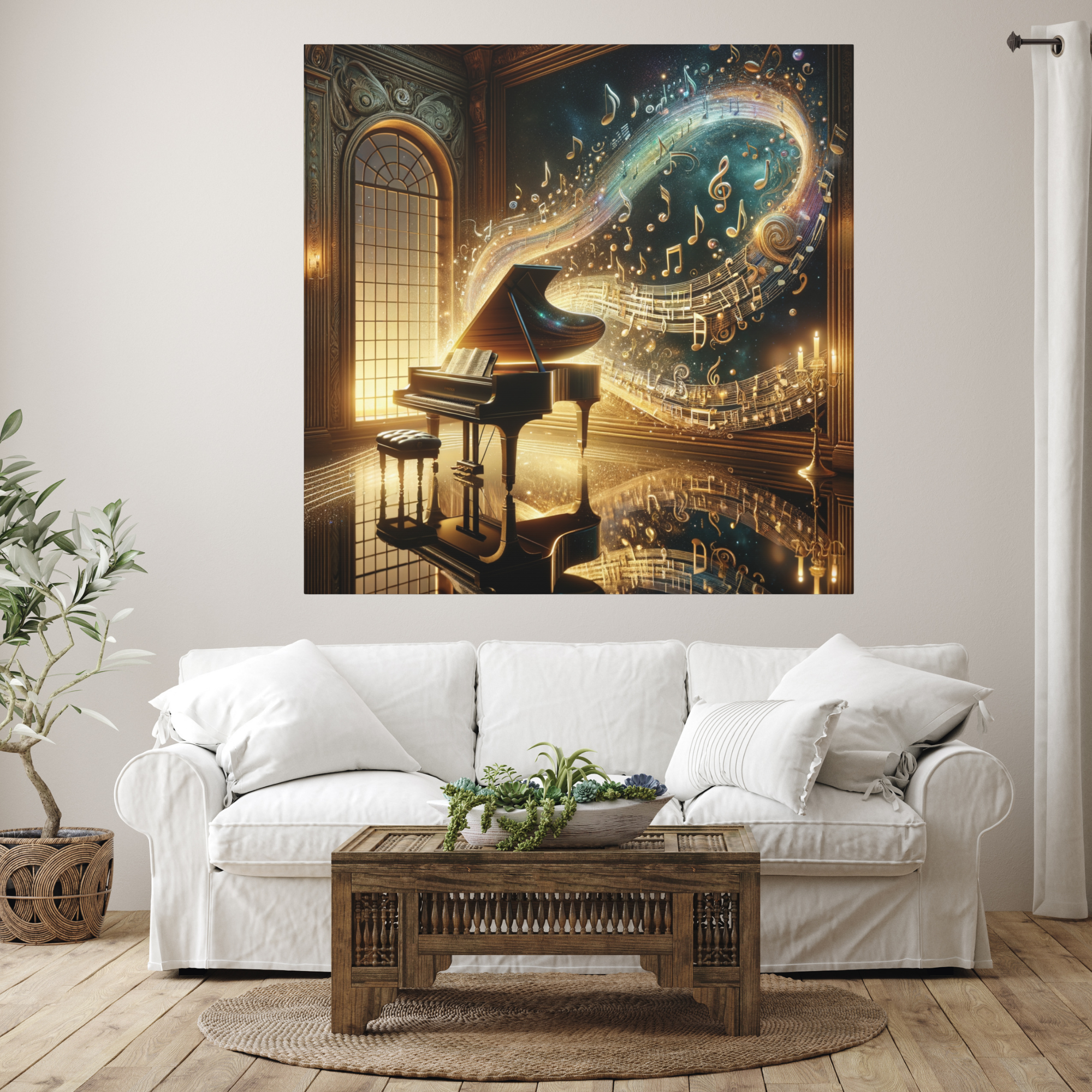 Celestial Music Room With Golden Notes – Elegant Piano Wall Art