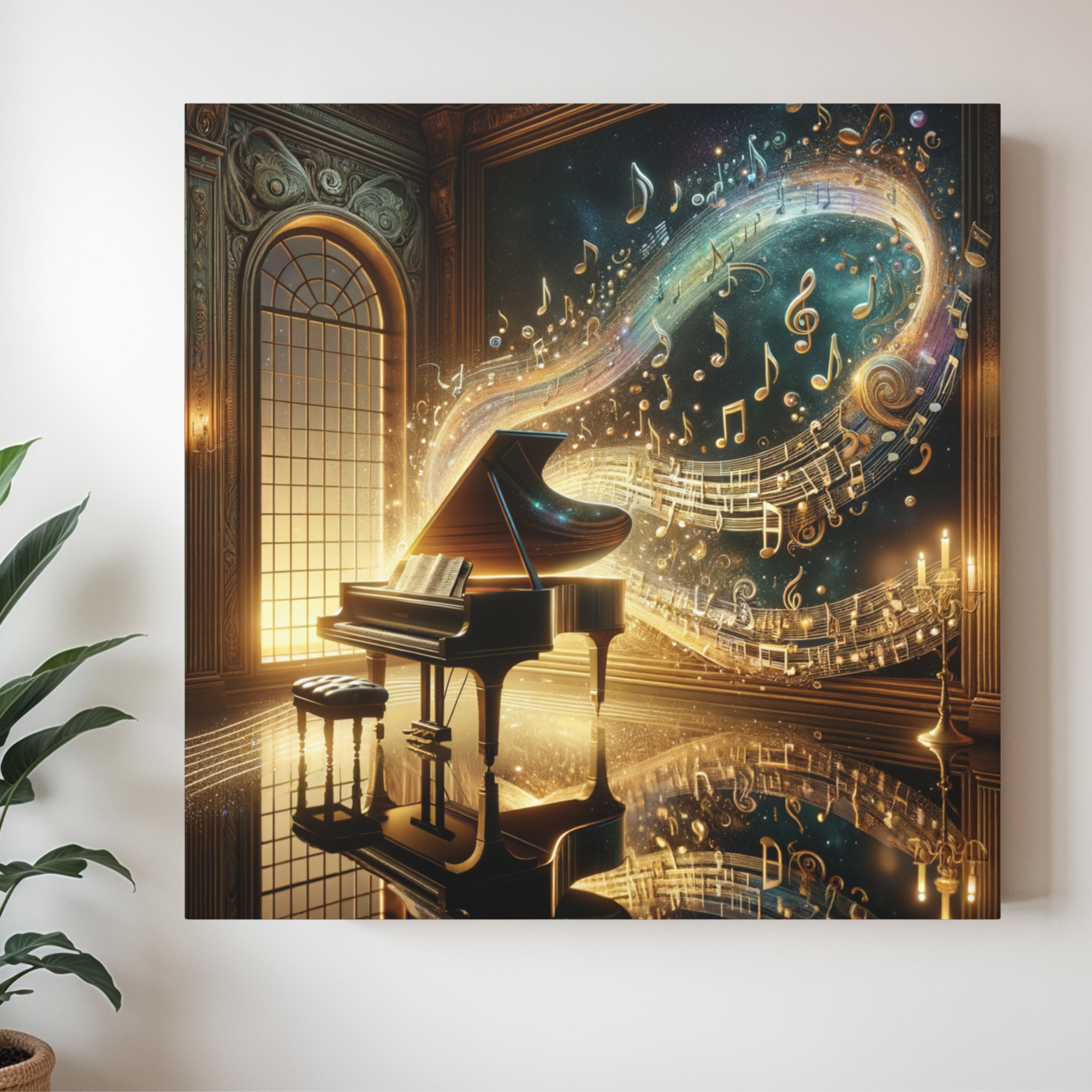 Celestial Music Room With Golden Notes – Elegant Piano Wall Art