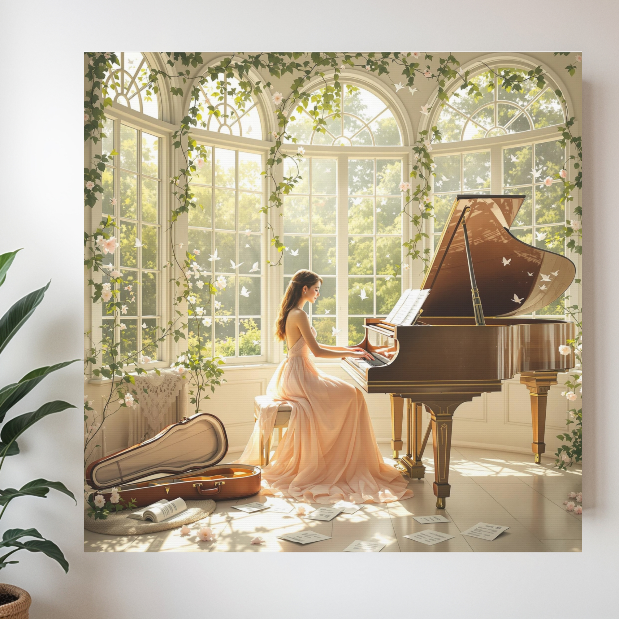 Sunlit Music Room With Blossoms and Grand Piano – Romantic Piano Wall Art