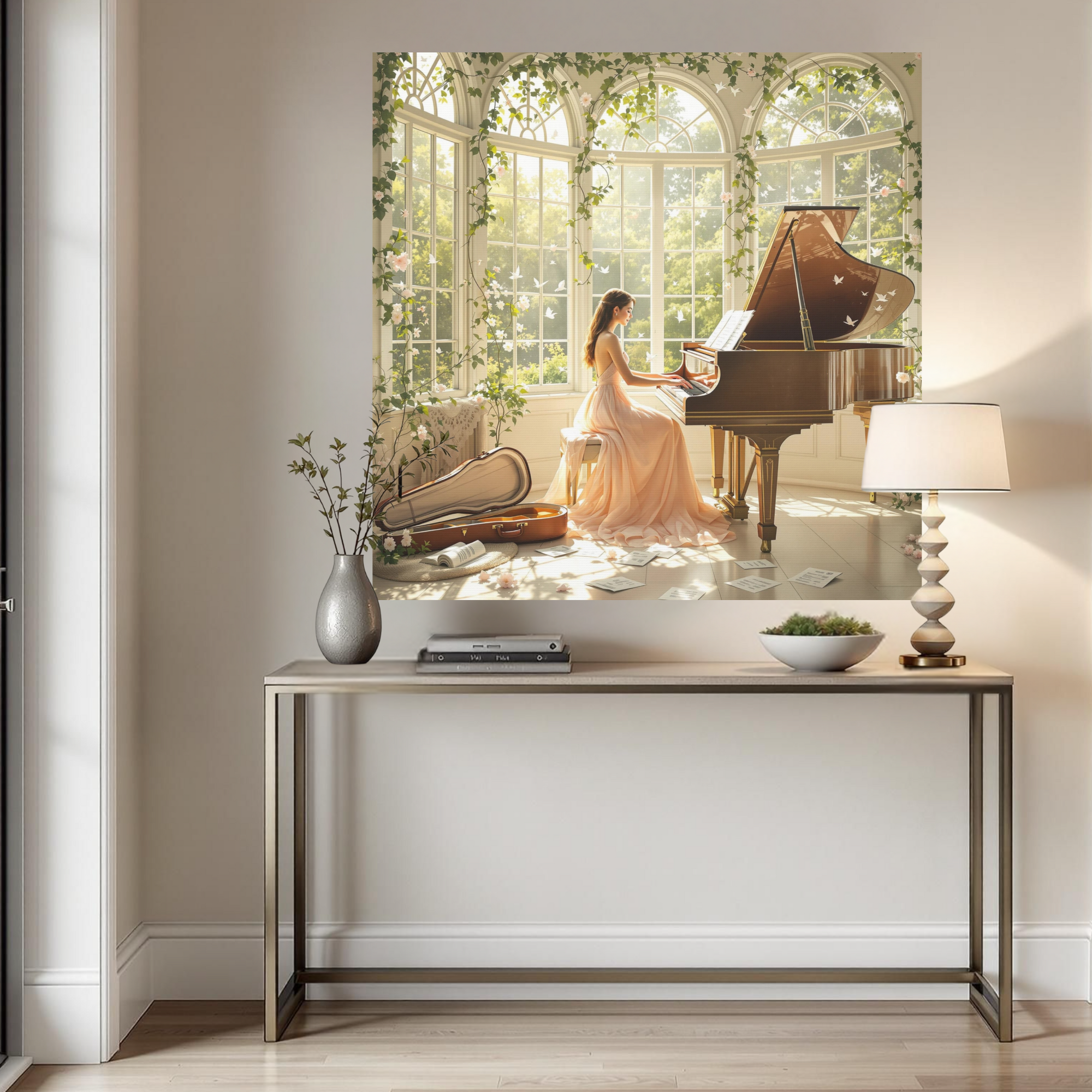 Sunlit Music Room With Blossoms and Grand Piano – Romantic Piano Wall Art