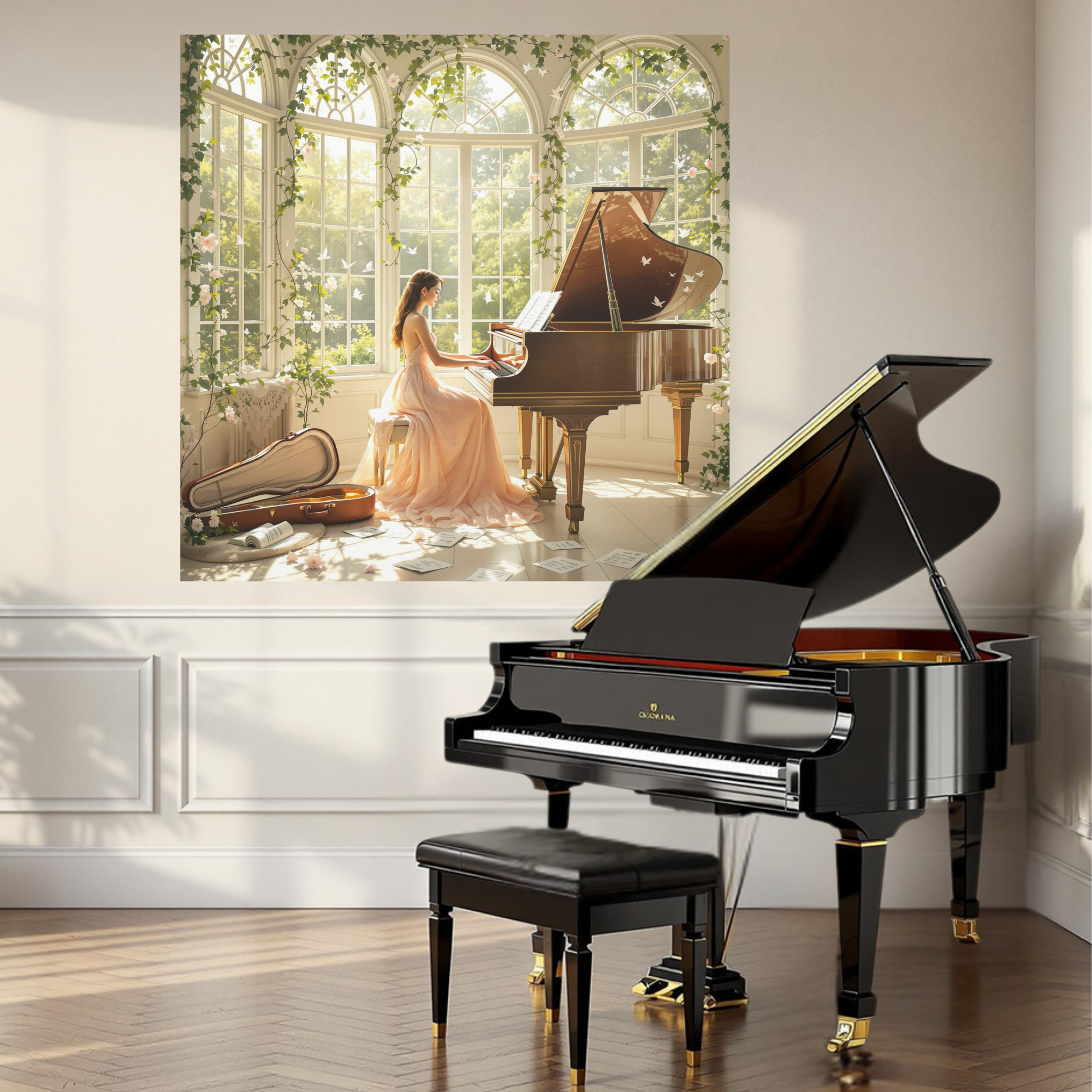Sunlit Music Room With Blossoms and Grand Piano – Romantic Piano Wall Art