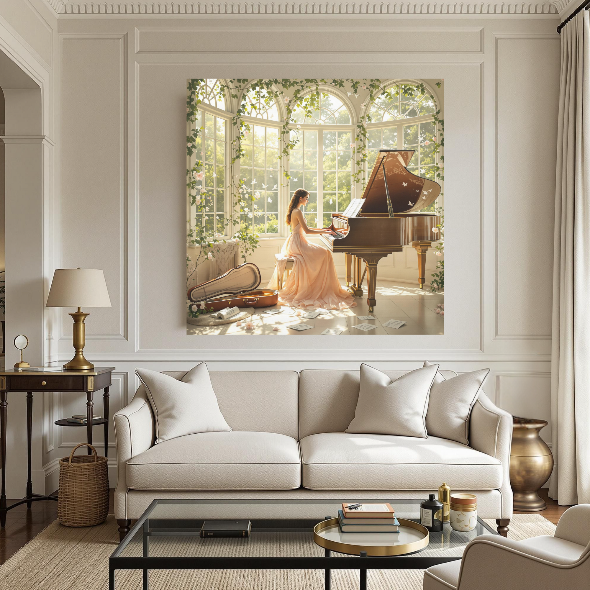 Sunlit Music Room With Blossoms and Grand Piano – Romantic Piano Wall Art
