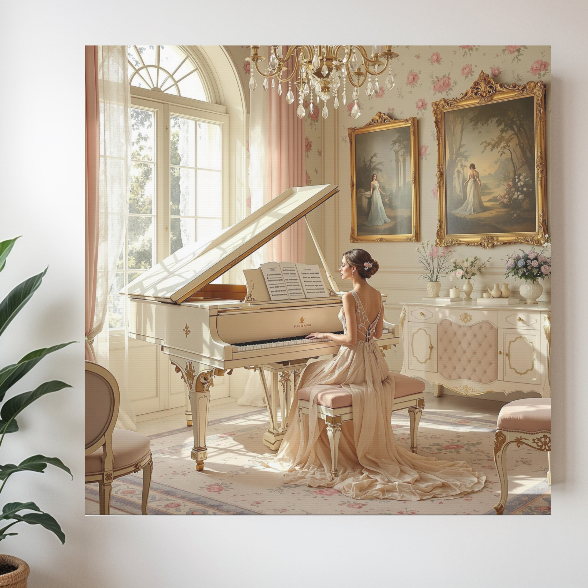 French Rococo Music Room With Cream Piano – Elegant Classical Wall Art