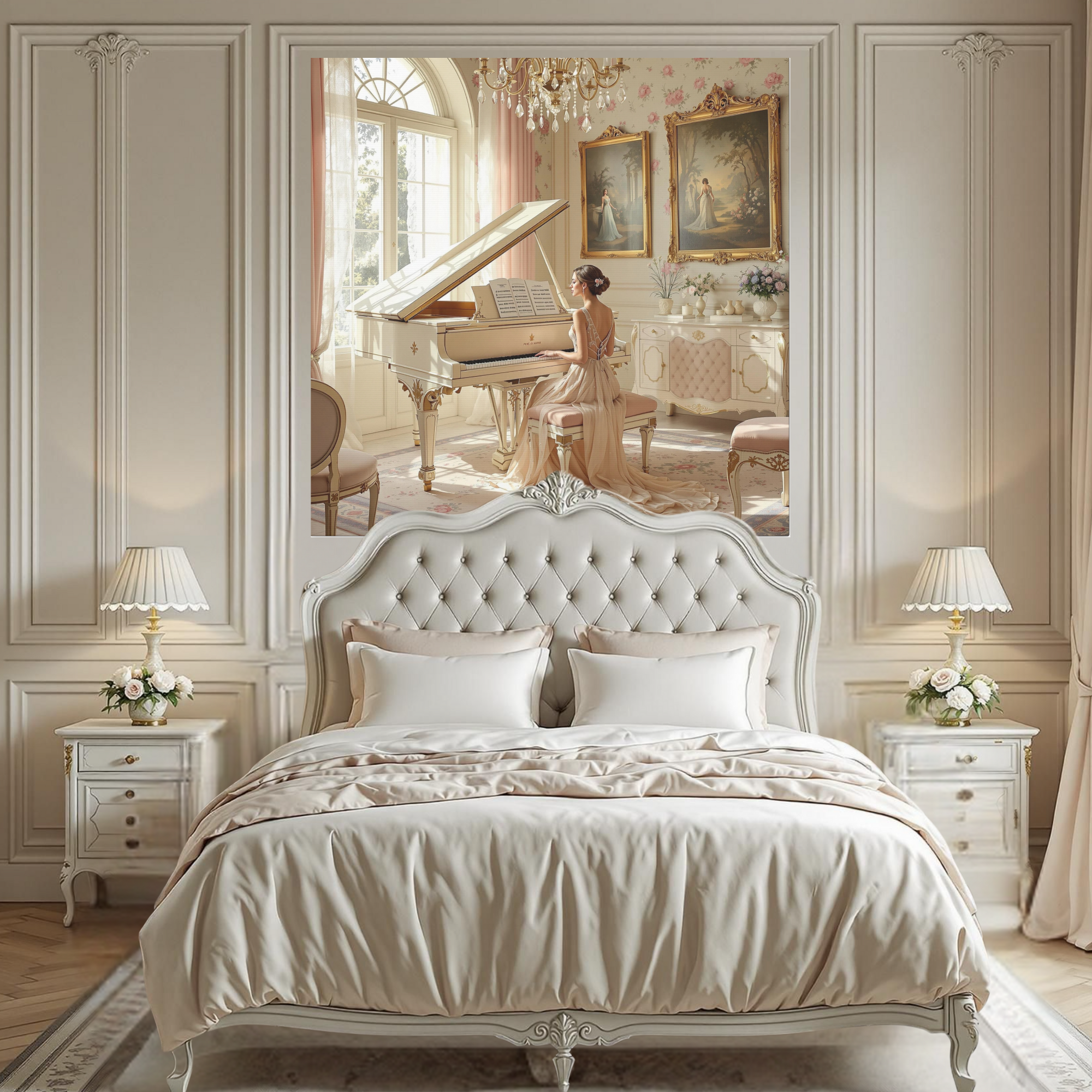French Rococo Music Room With Cream Piano – Elegant Classical Wall Art