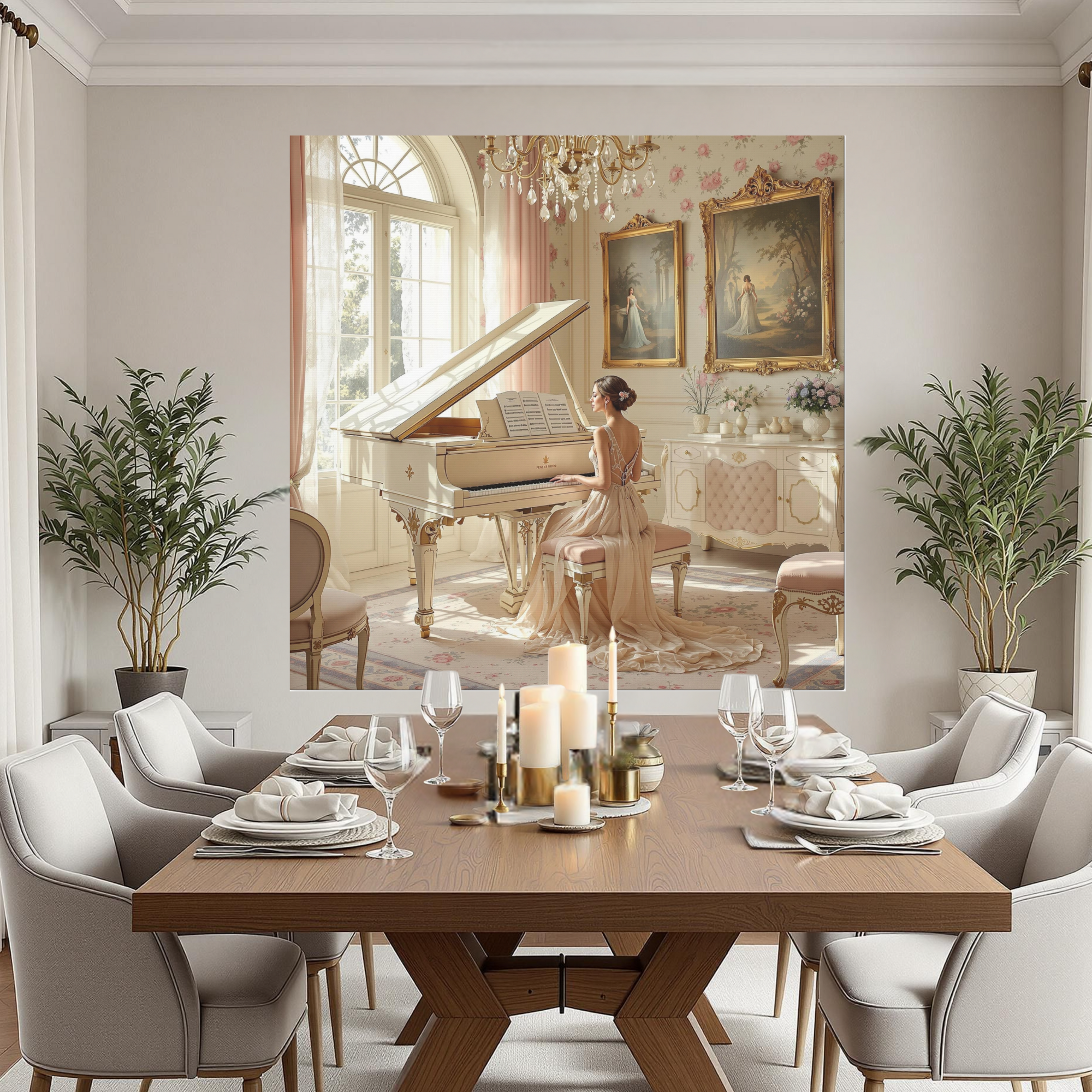 French Rococo Music Room With Cream Piano – Elegant Classical Wall Art