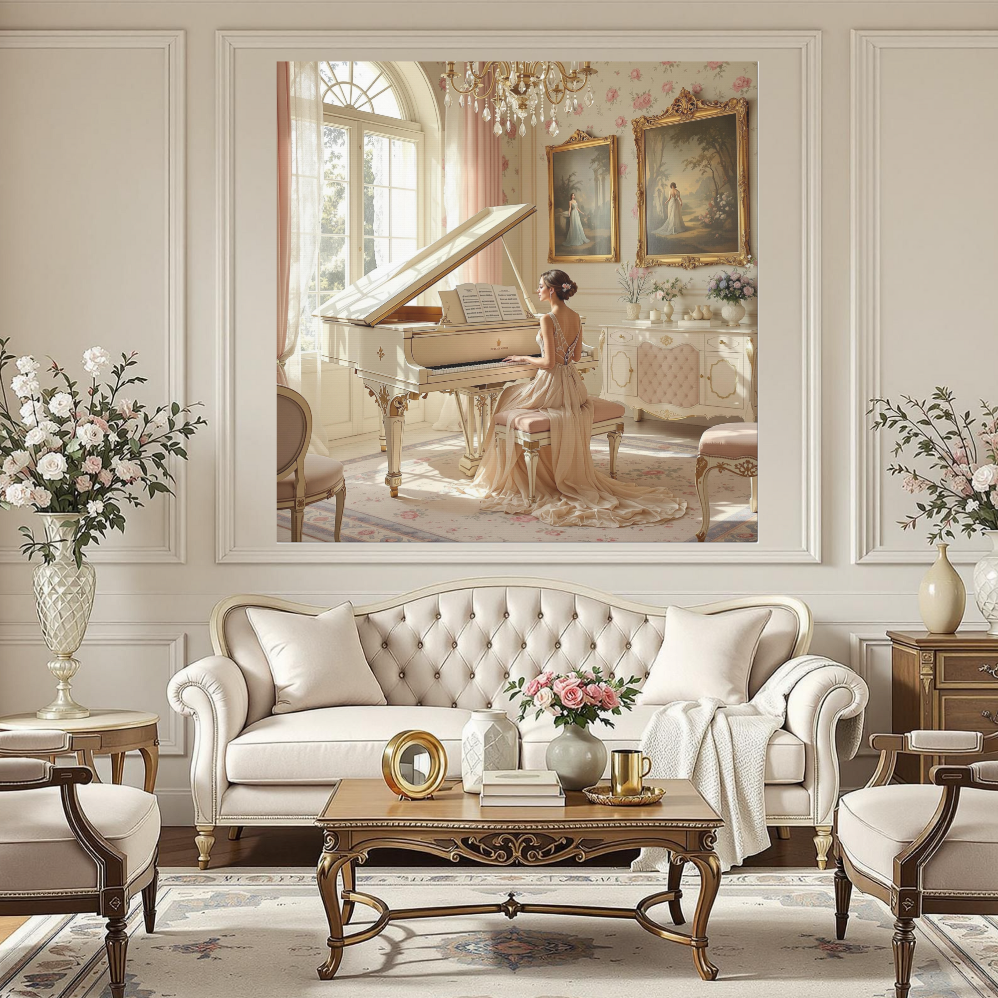 French Rococo Music Room With Cream Piano – Elegant Classical Wall Art