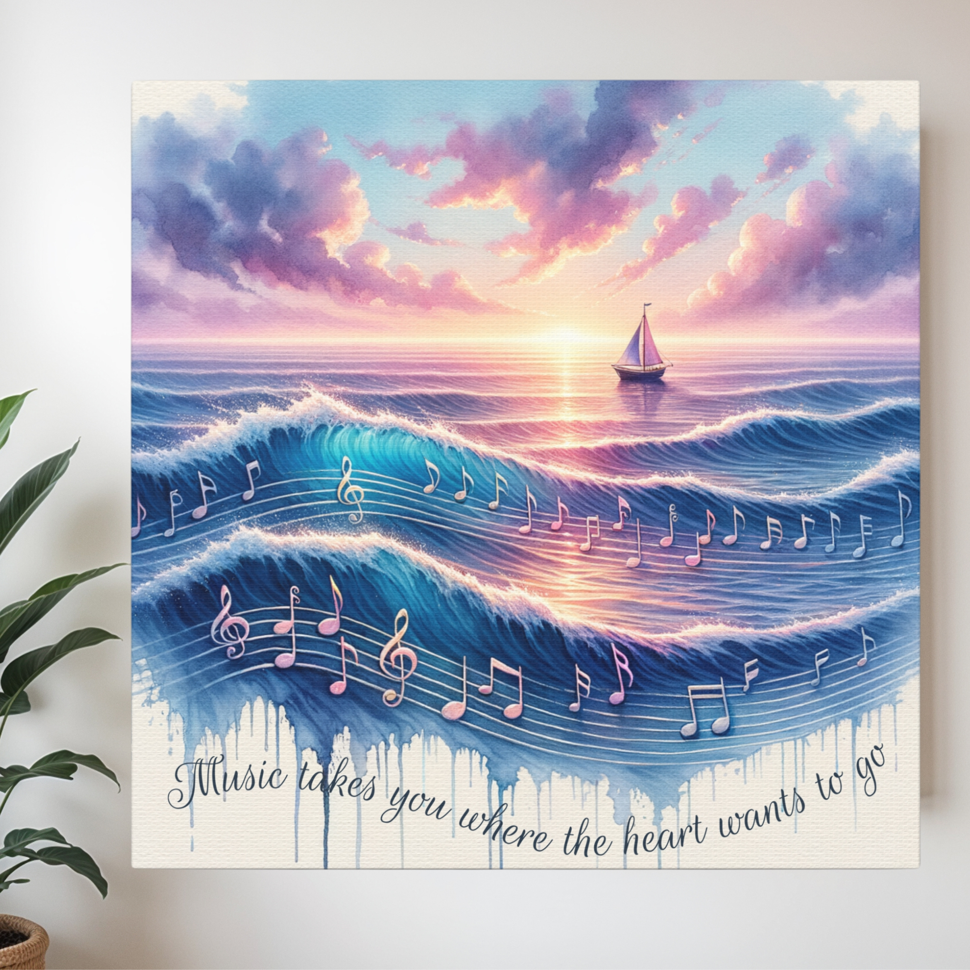 Musical Ocean Sunset With Sailboat – Inspirational Wall Art