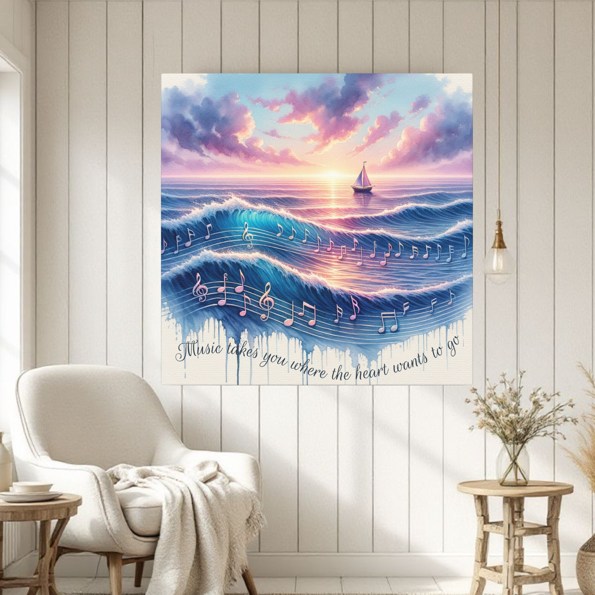 Musical Ocean Sunset With Sailboat – Inspirational Wall Art