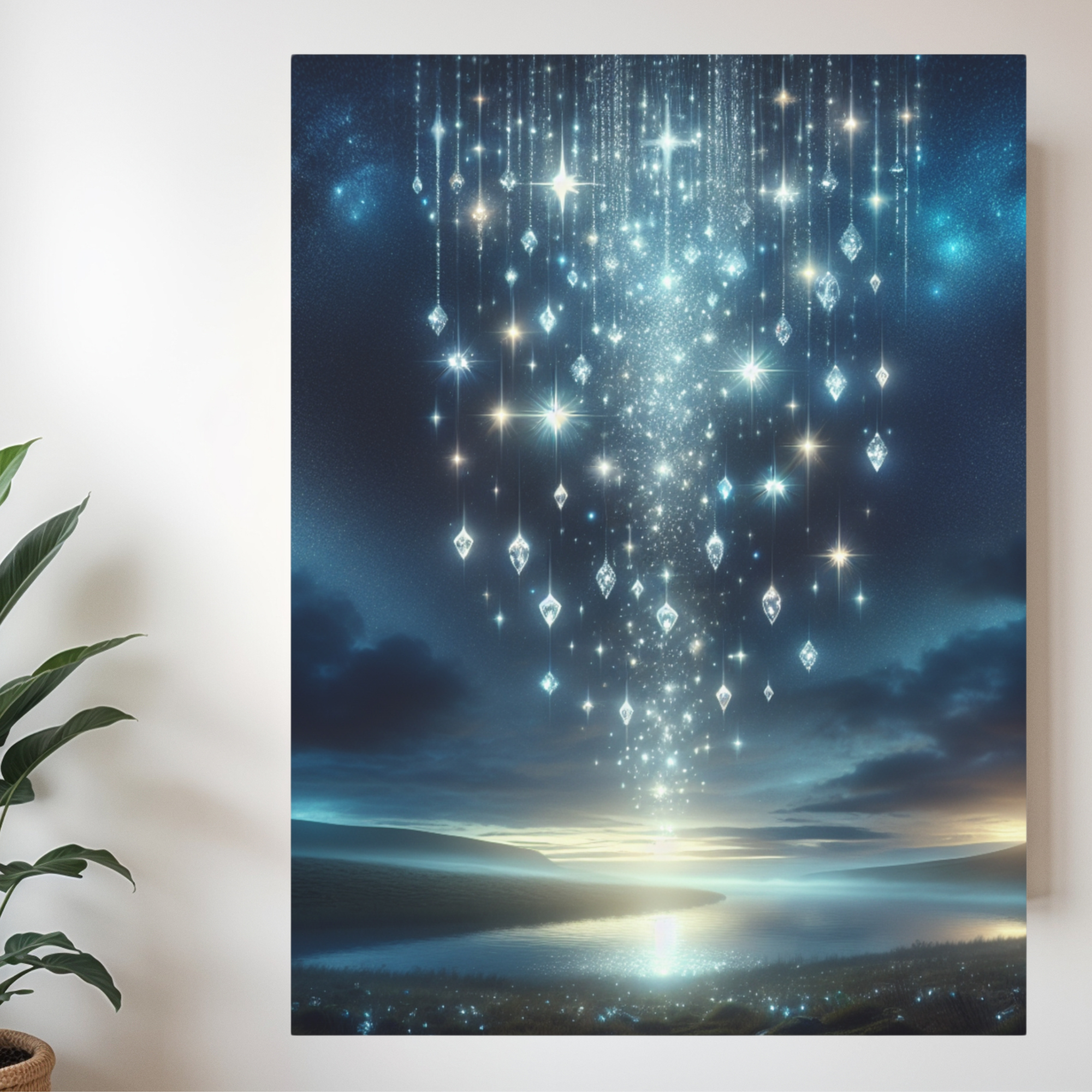 Starlight Cascade Over Moonlit River – Celestial Fantasy Wall Art