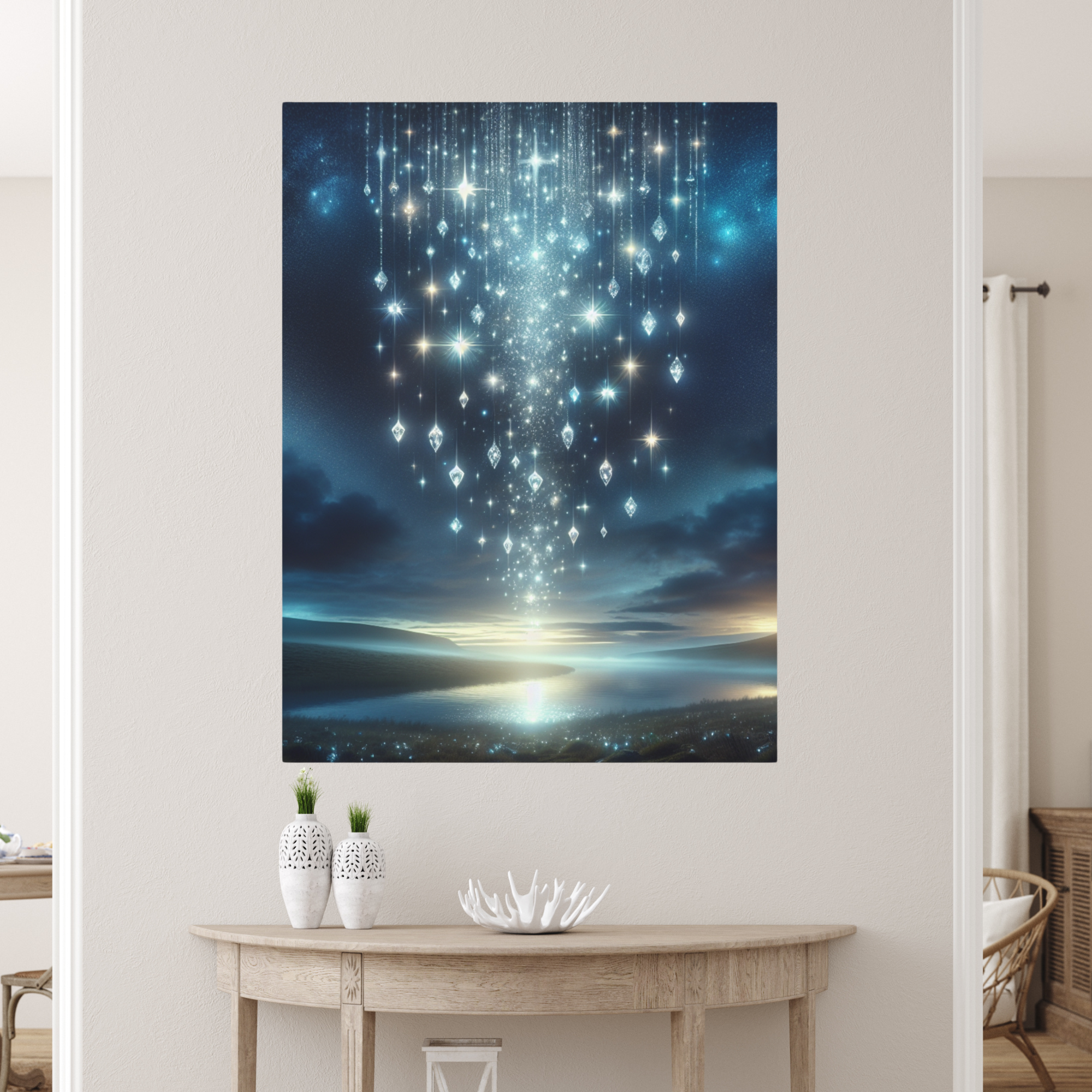 Starlight Cascade Over Moonlit River – Celestial Fantasy Wall Art