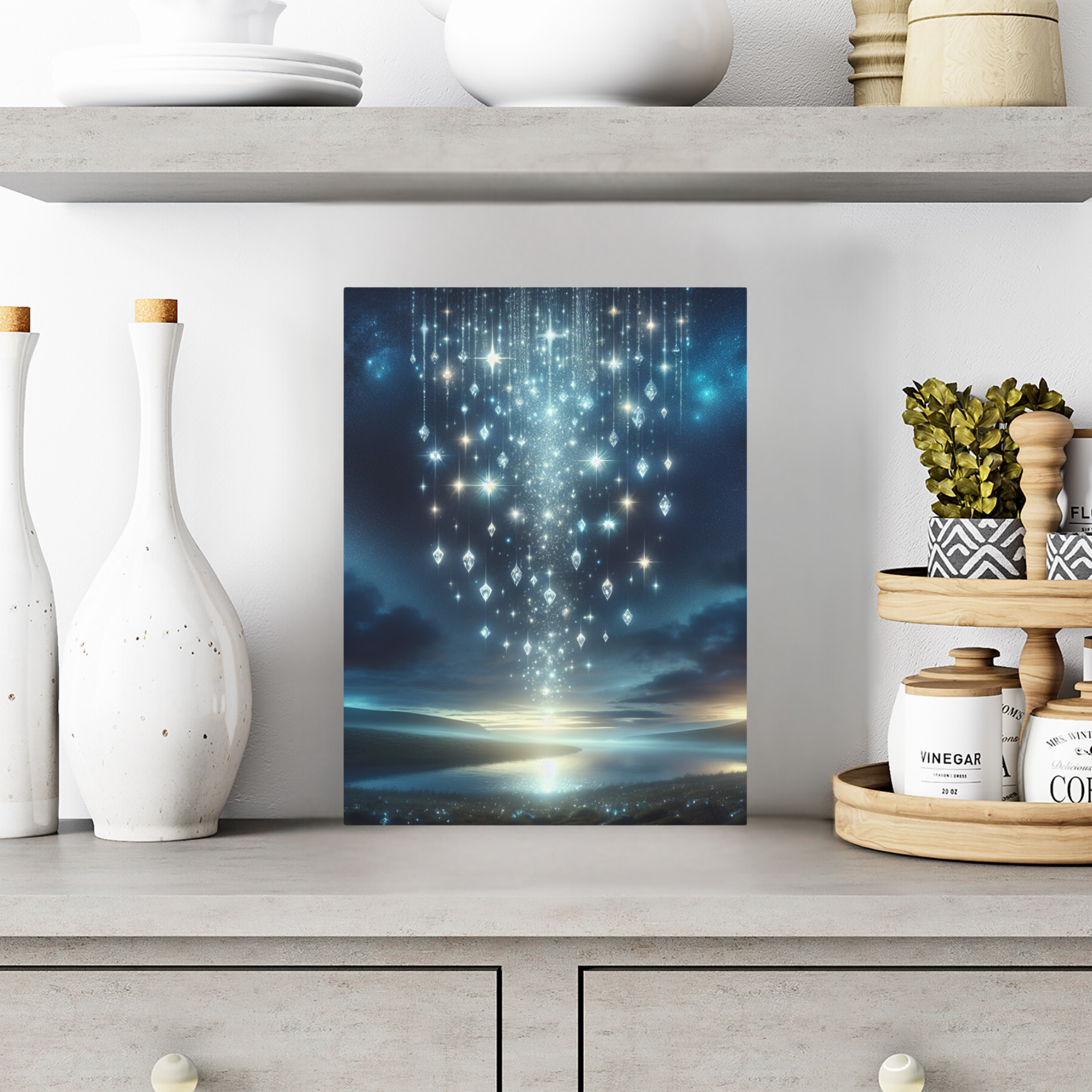 Starlight Cascade Over Moonlit River – Celestial Fantasy Wall Art