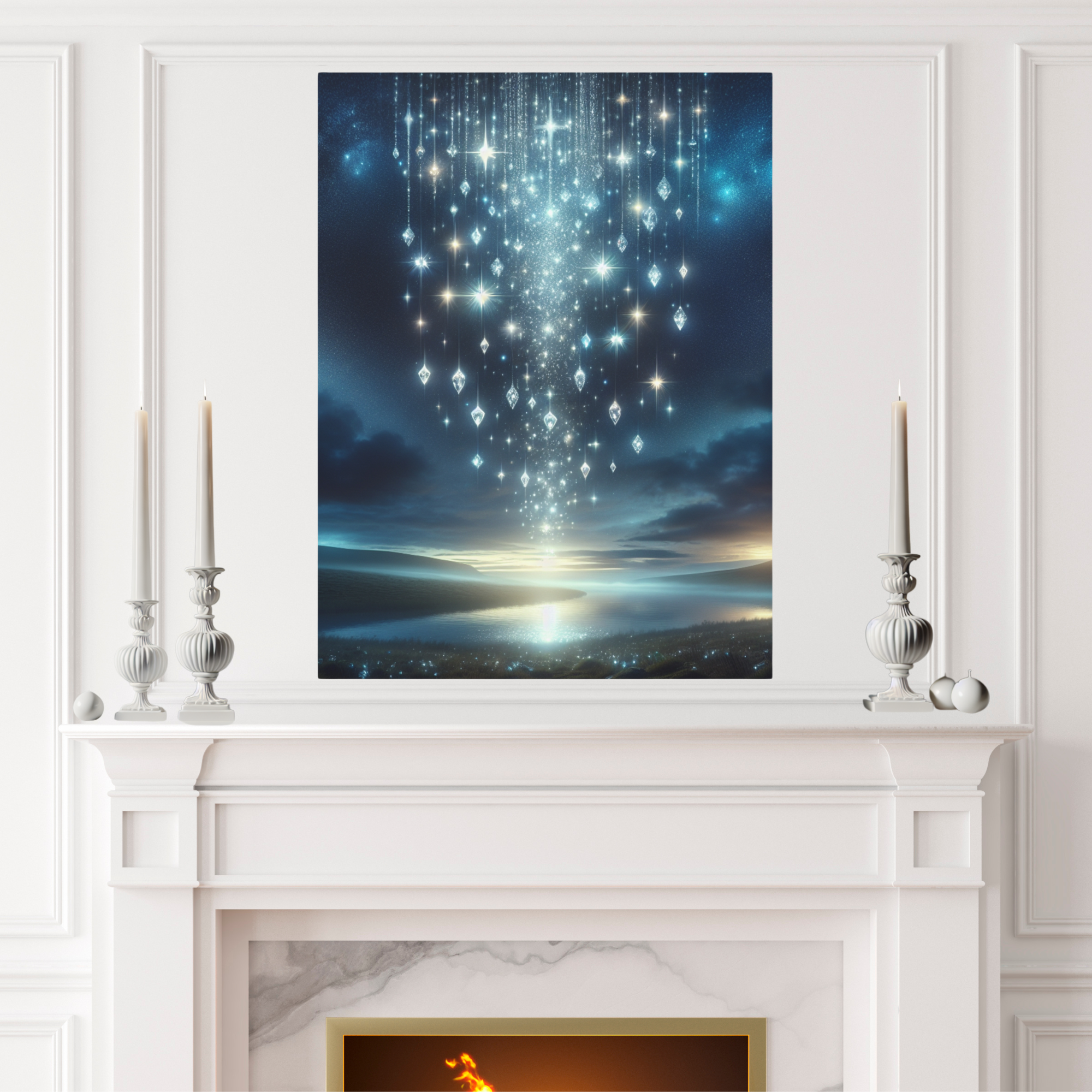 Starlight Cascade Over Moonlit River – Celestial Fantasy Wall Art