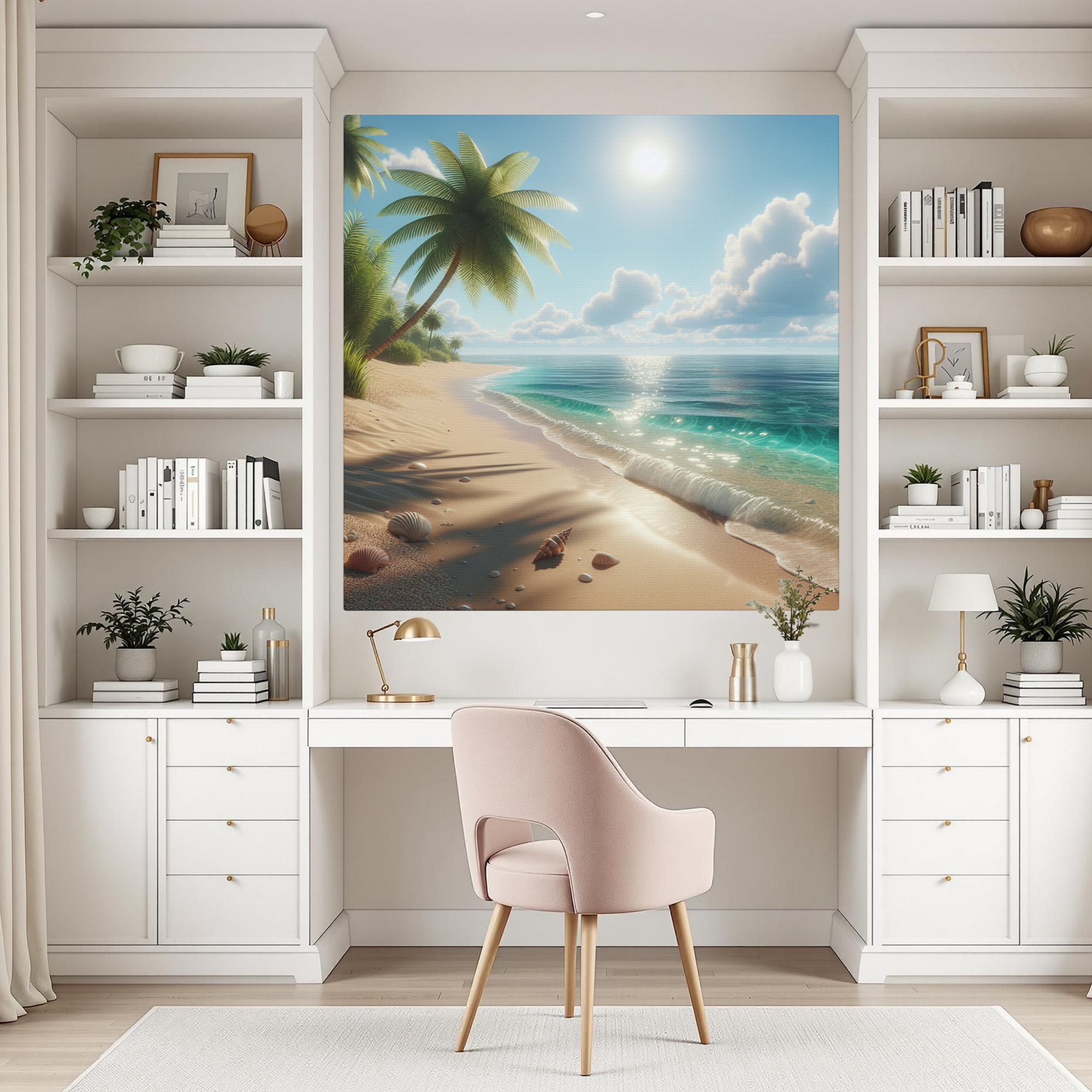 Tropical Seashell Beach With Palm Trees – Serene Coastal Wall Art