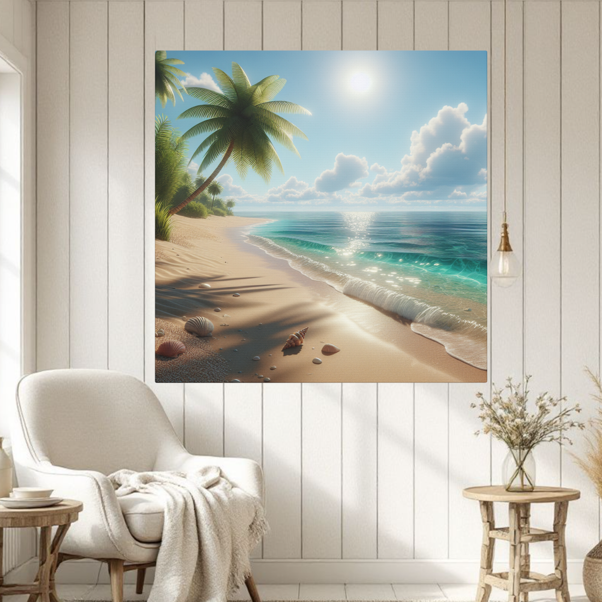 Tropical Seashell Beach With Palm Trees – Serene Coastal Wall Art