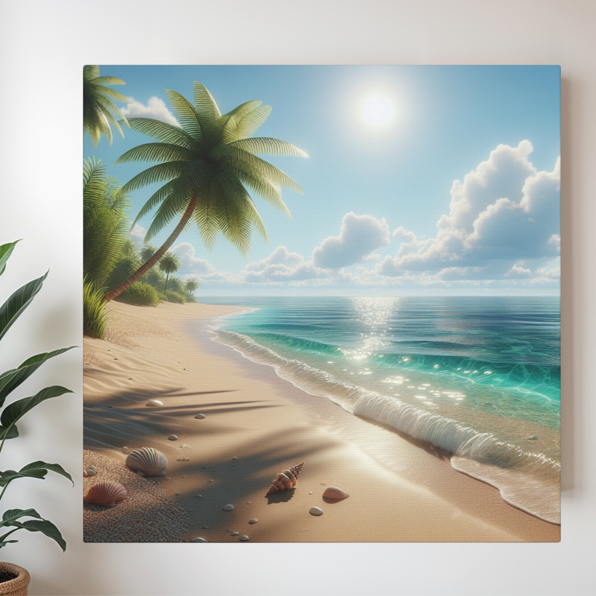 Tropical Seashell Beach With Palm Trees – Serene Coastal Wall Art