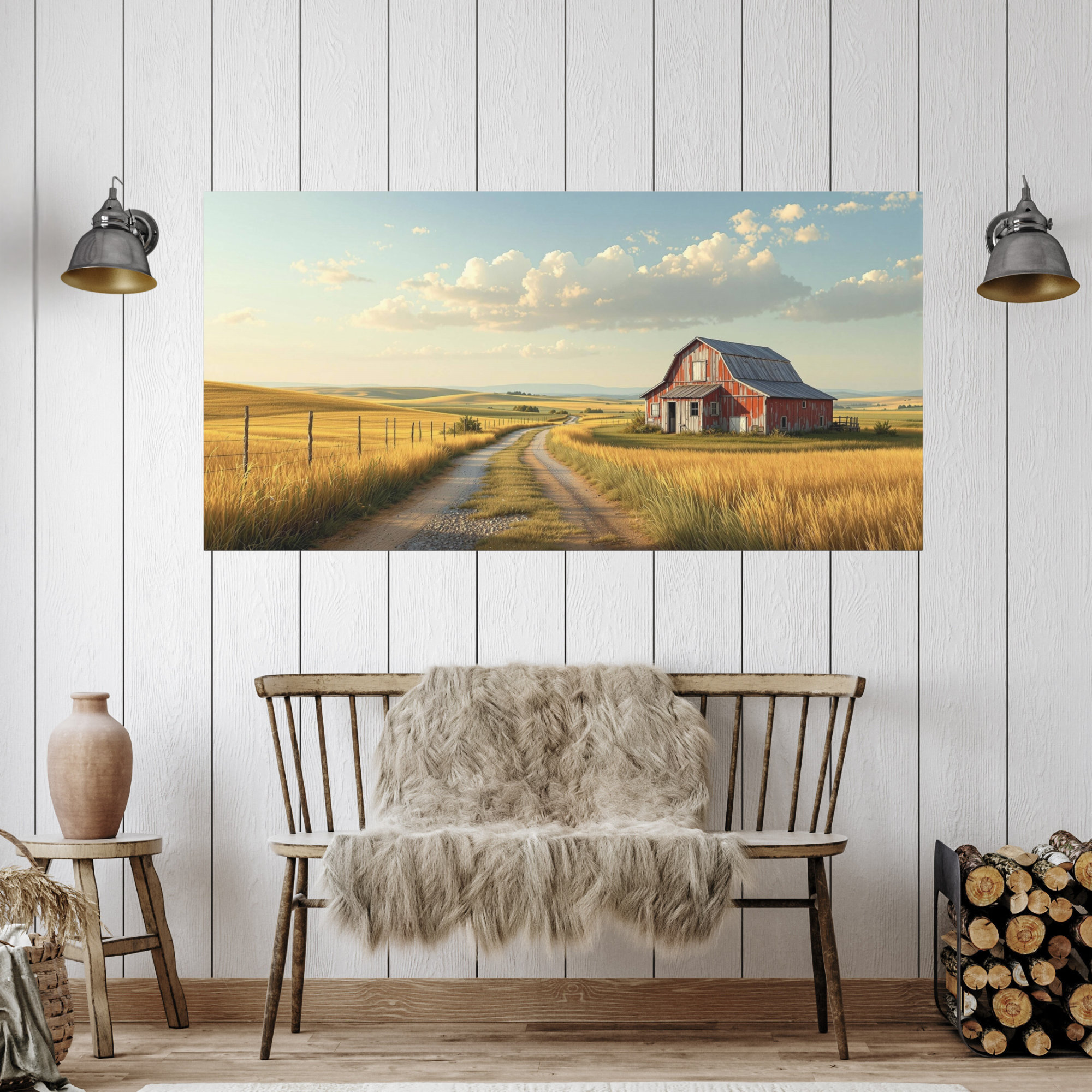 Golden Farm Fields With Red Barn – Rustic Country Wall Art