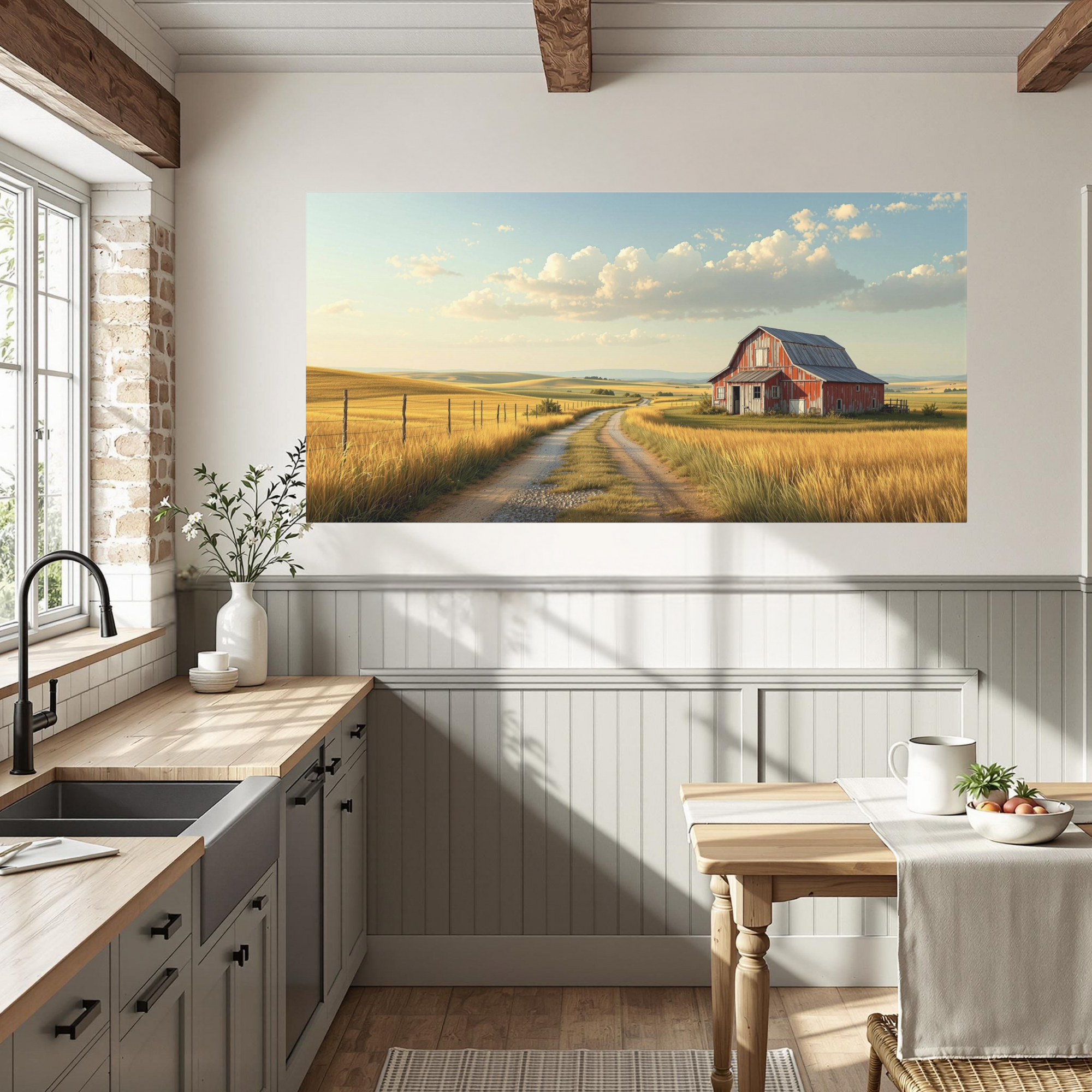 Golden Farm Fields With Red Barn – Rustic Country Wall Art