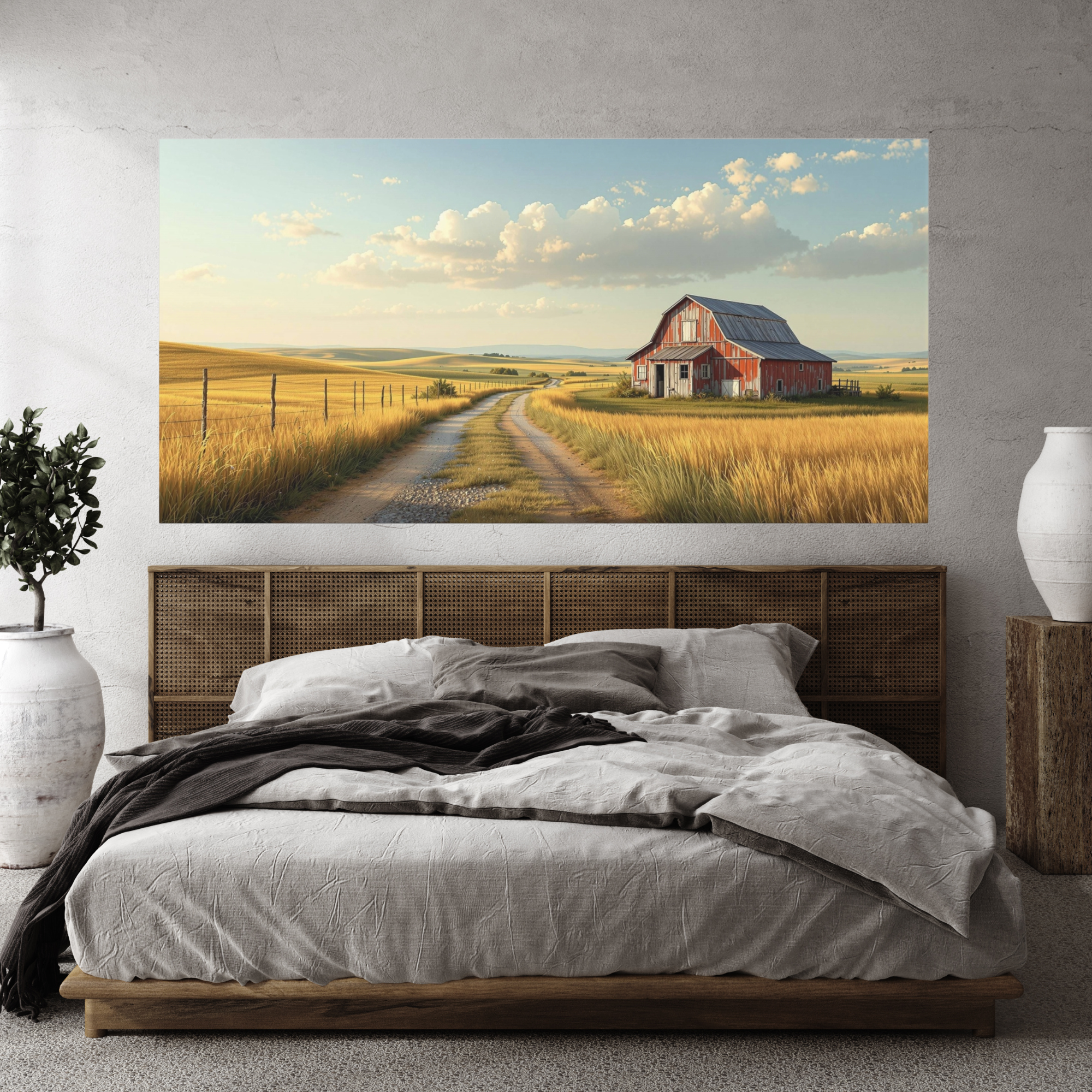 Golden Farm Fields With Red Barn – Rustic Country Wall Art