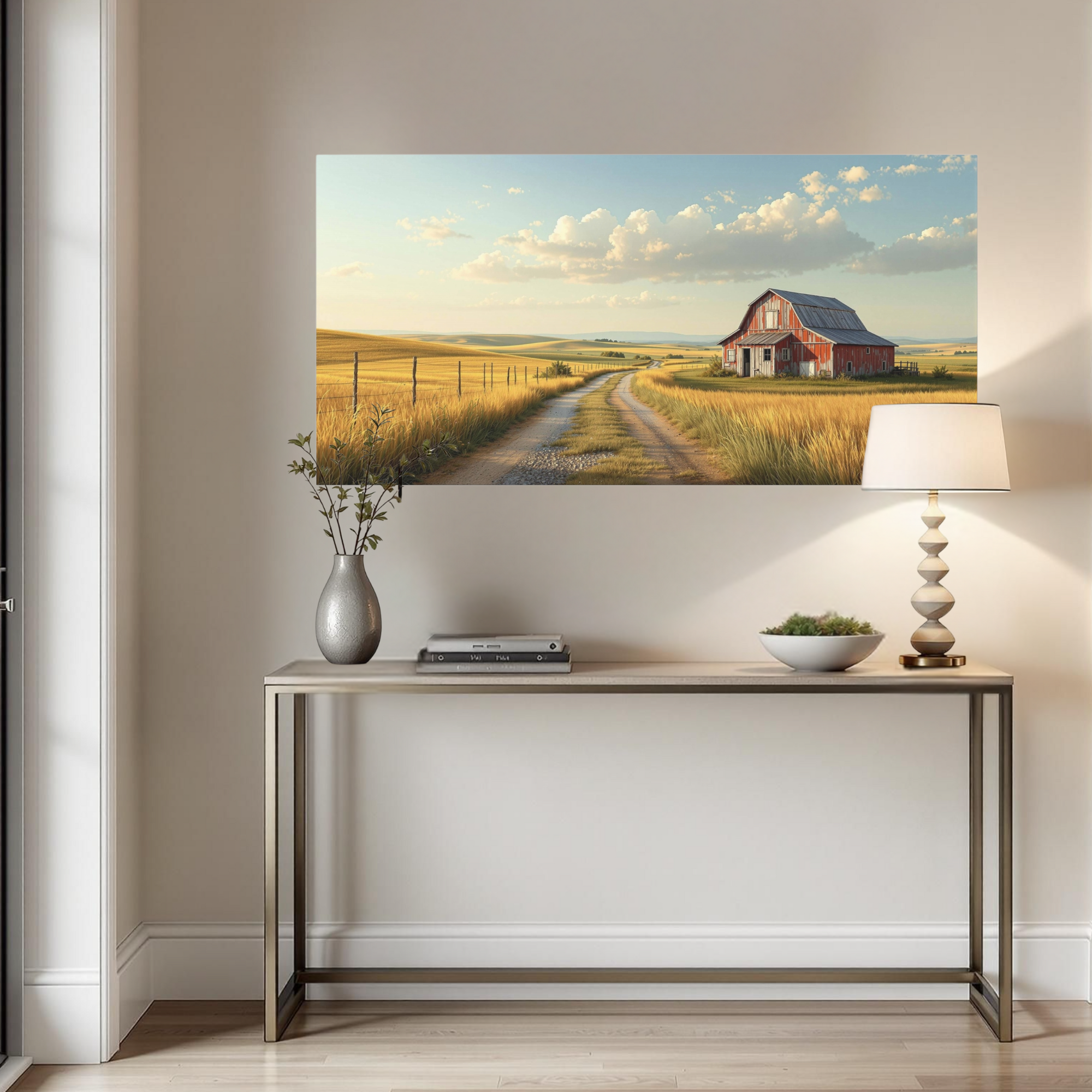 Golden Farm Fields With Red Barn – Rustic Country Wall Art