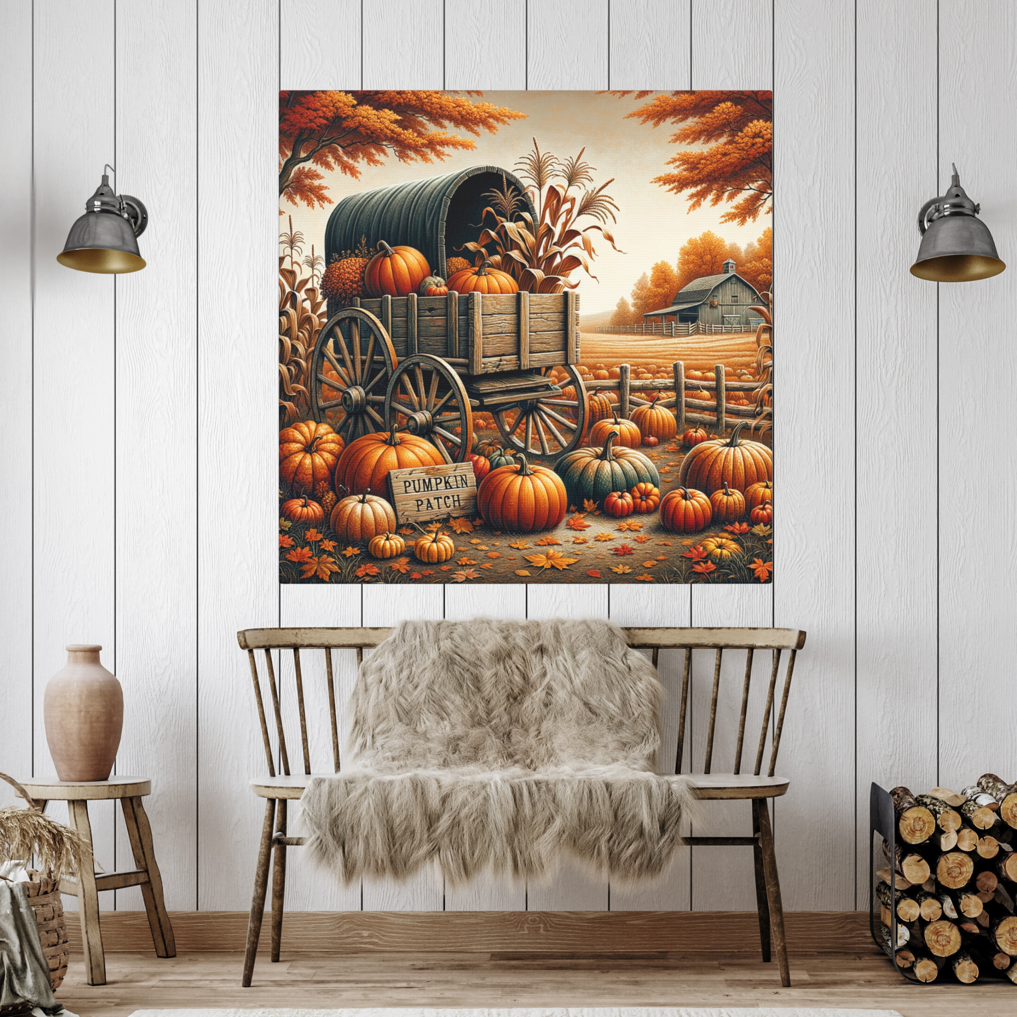 Autumn Pumpkin Wagon With Rustic Barn – Cozy Fall Wall Art