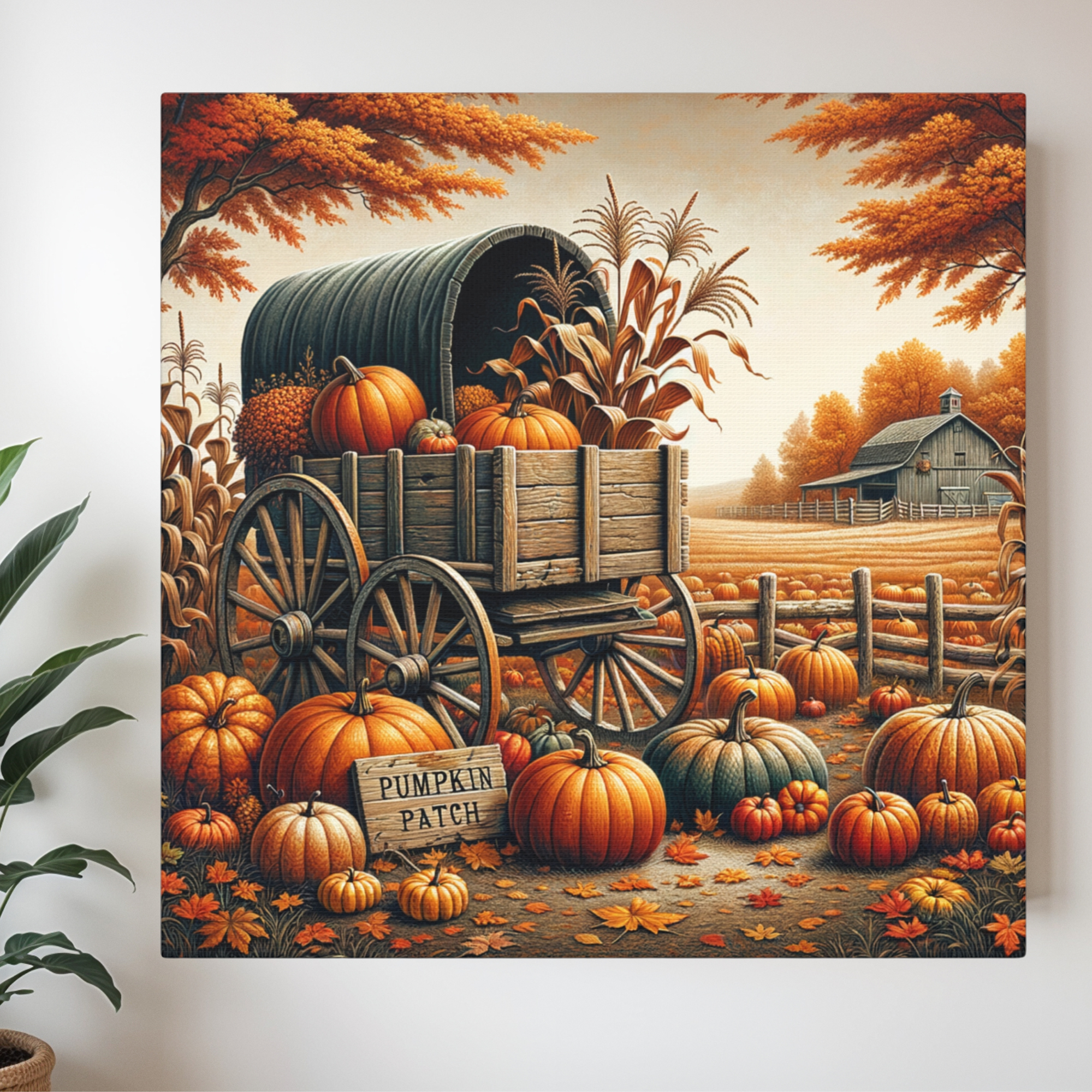Autumn Pumpkin Wagon With Rustic Barn – Cozy Fall Wall Art
