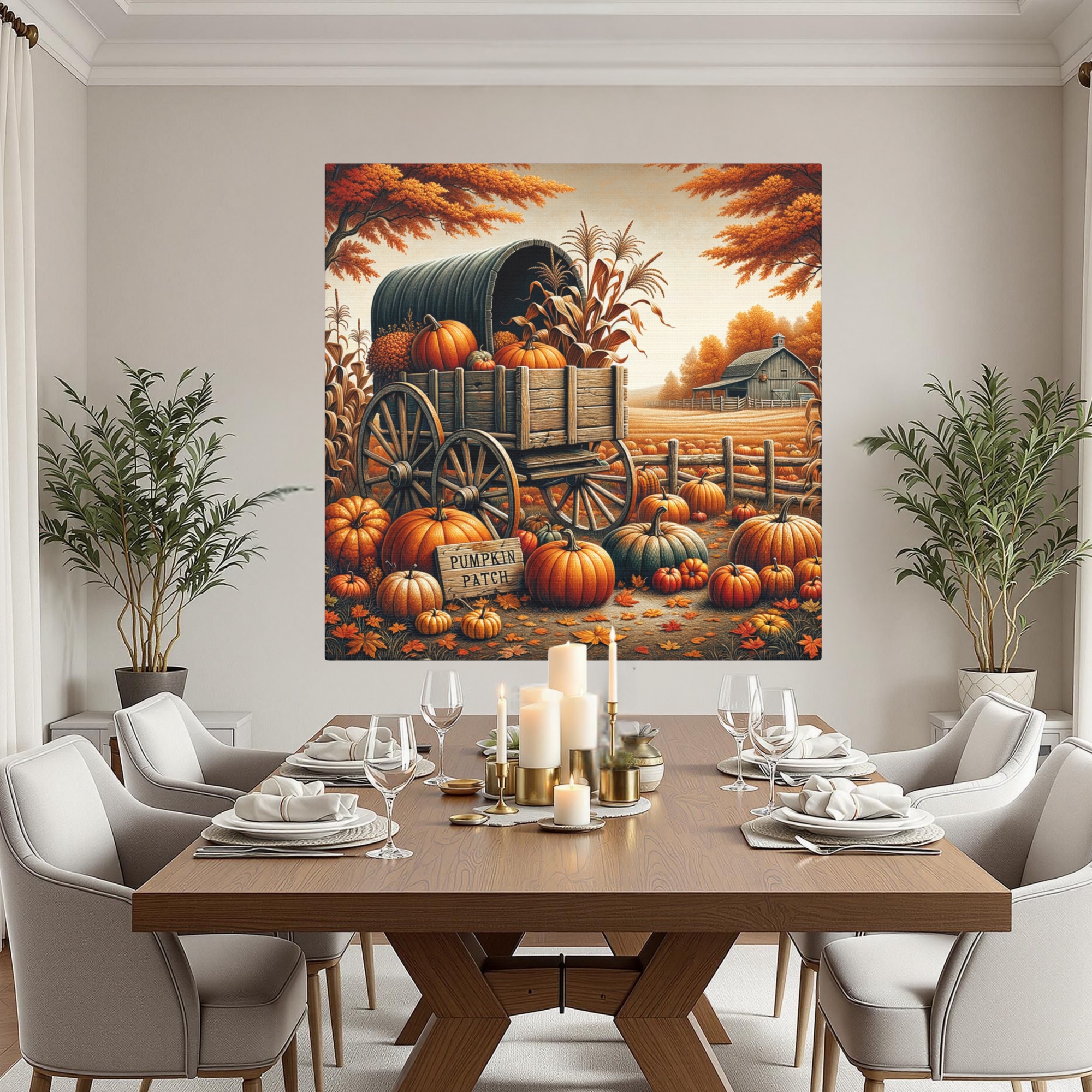 Autumn Pumpkin Wagon With Rustic Barn – Cozy Fall Wall Art