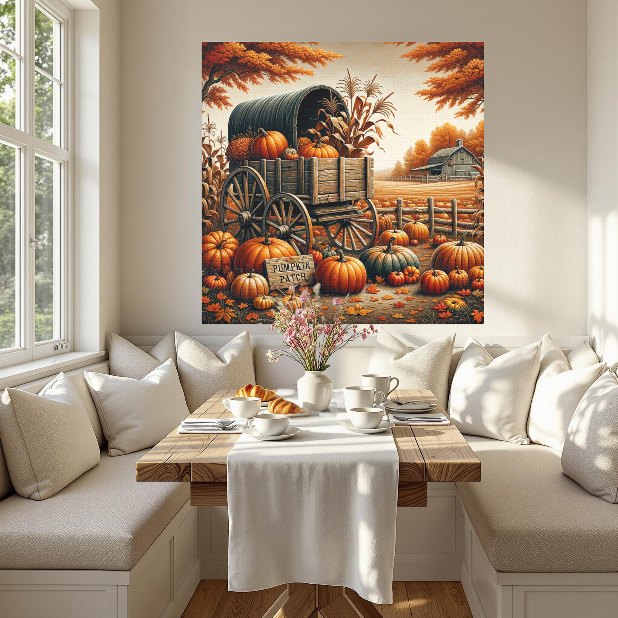 Autumn Pumpkin Wagon With Rustic Barn – Cozy Fall Wall Art