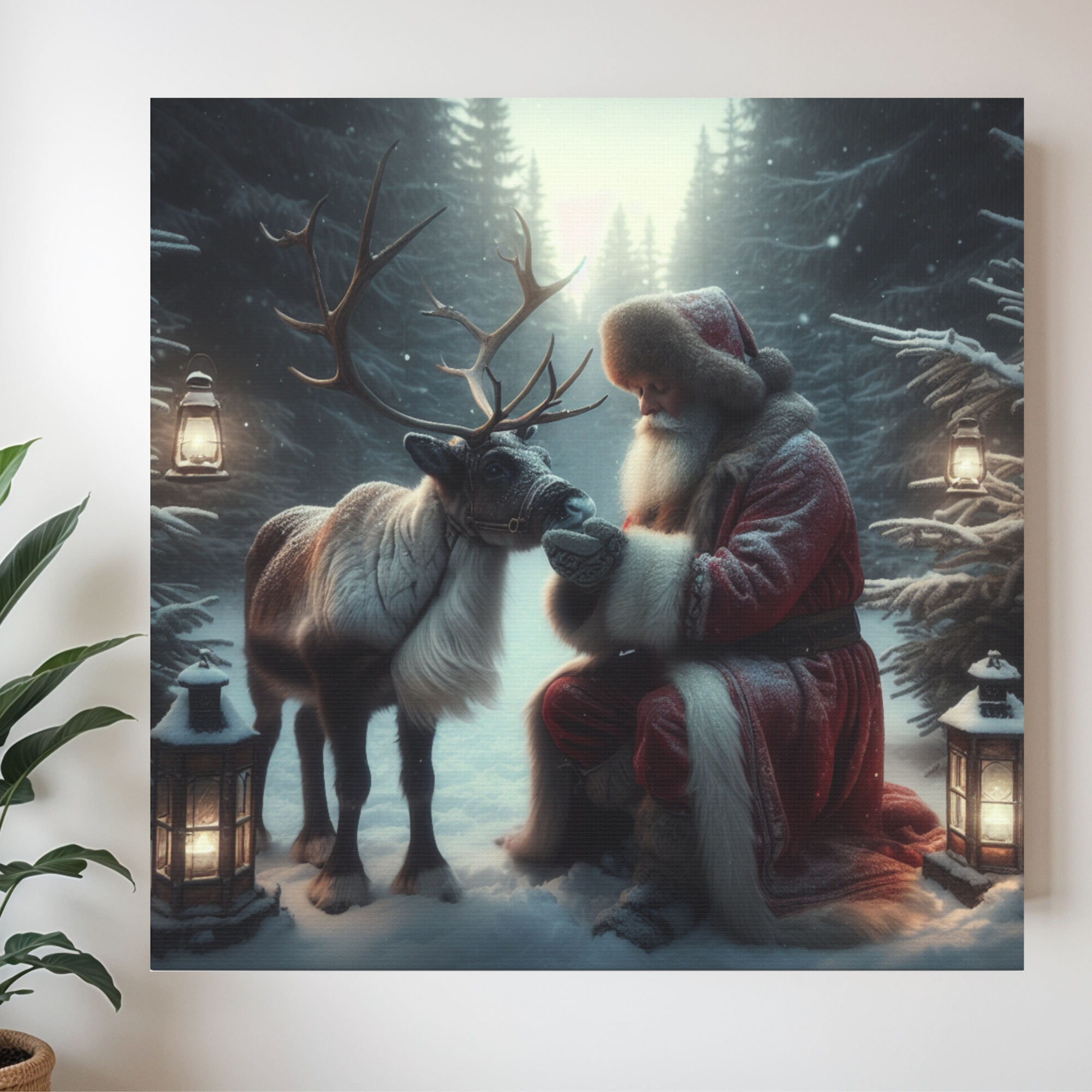 Santa Kneeling Beside Reindeer – Magical Christmas Wall Art