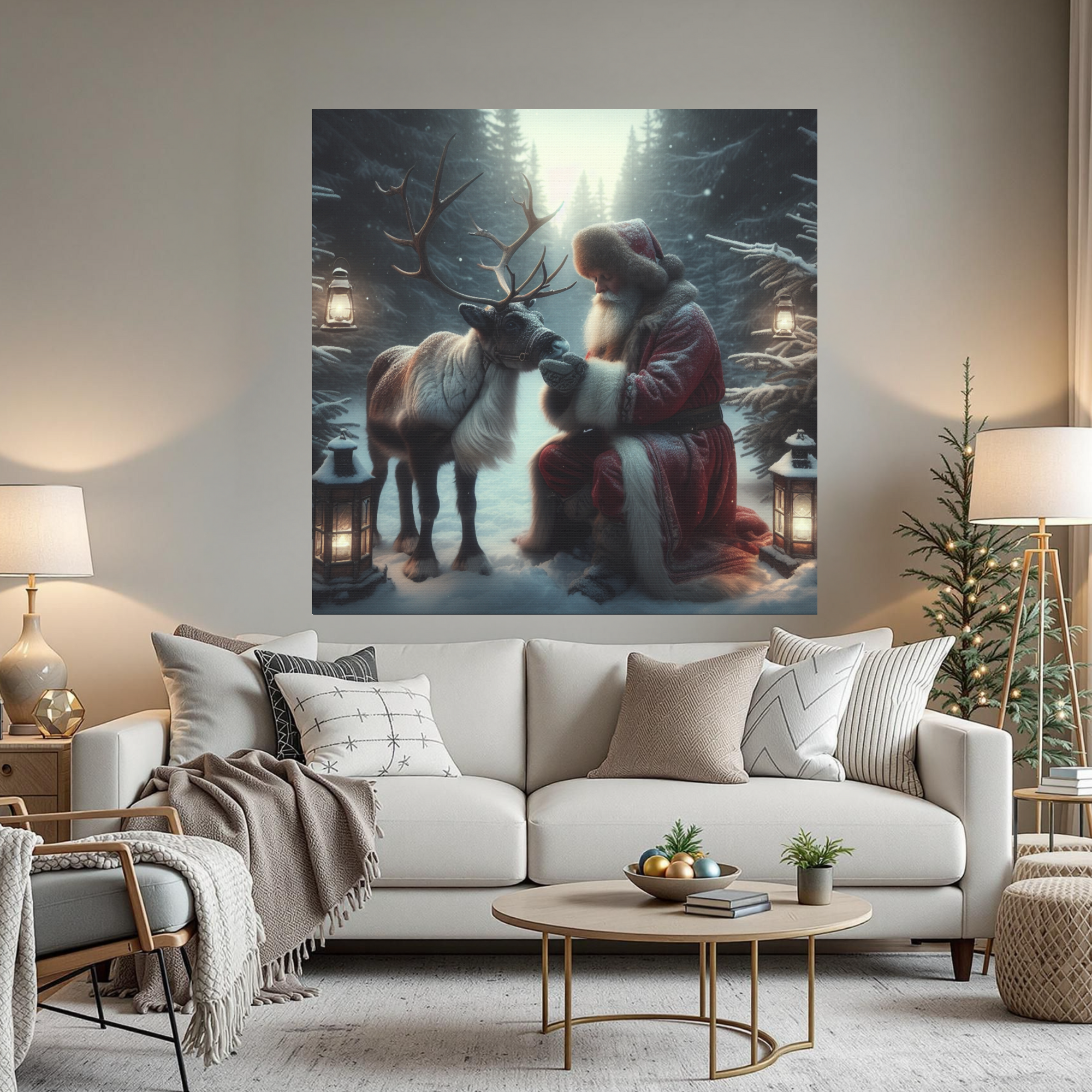 Santa Kneeling Beside Reindeer – Magical Christmas Wall Art