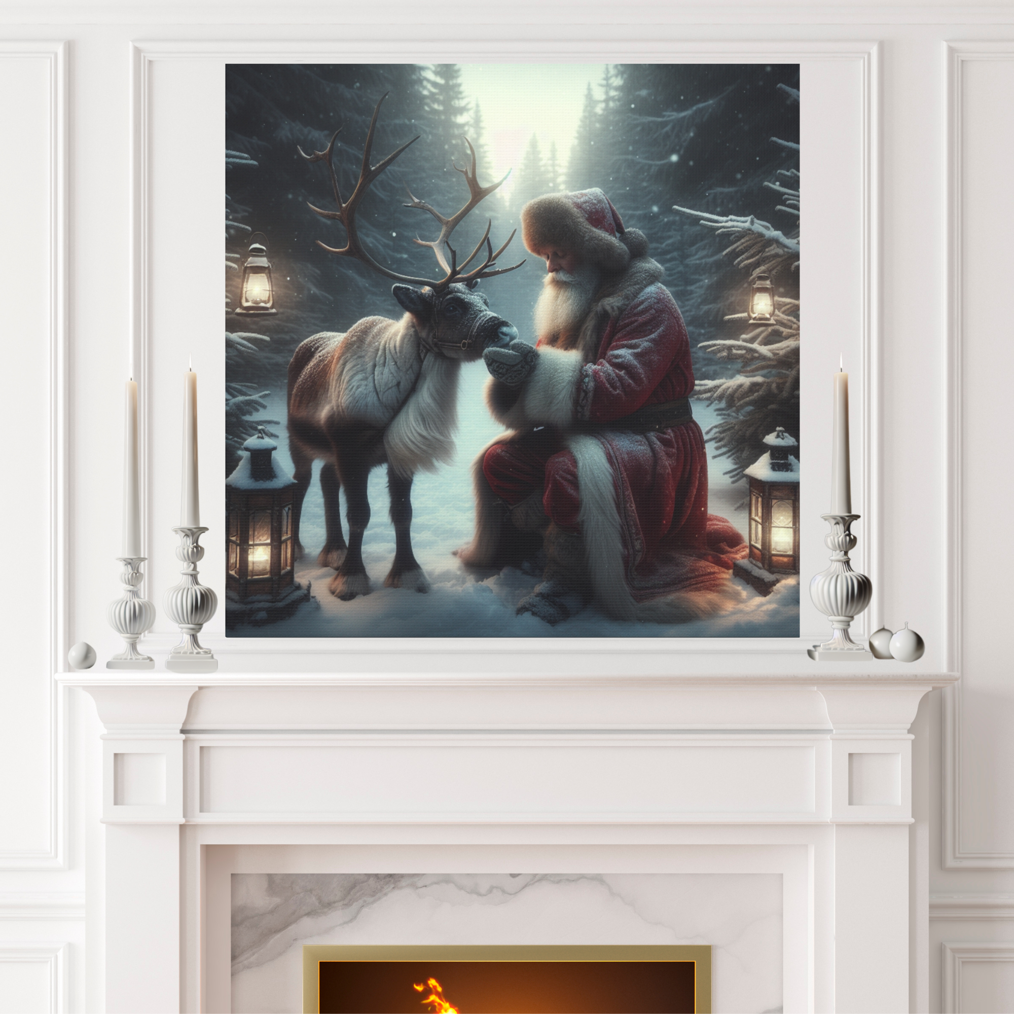 Santa Kneeling Beside Reindeer – Magical Christmas Wall Art