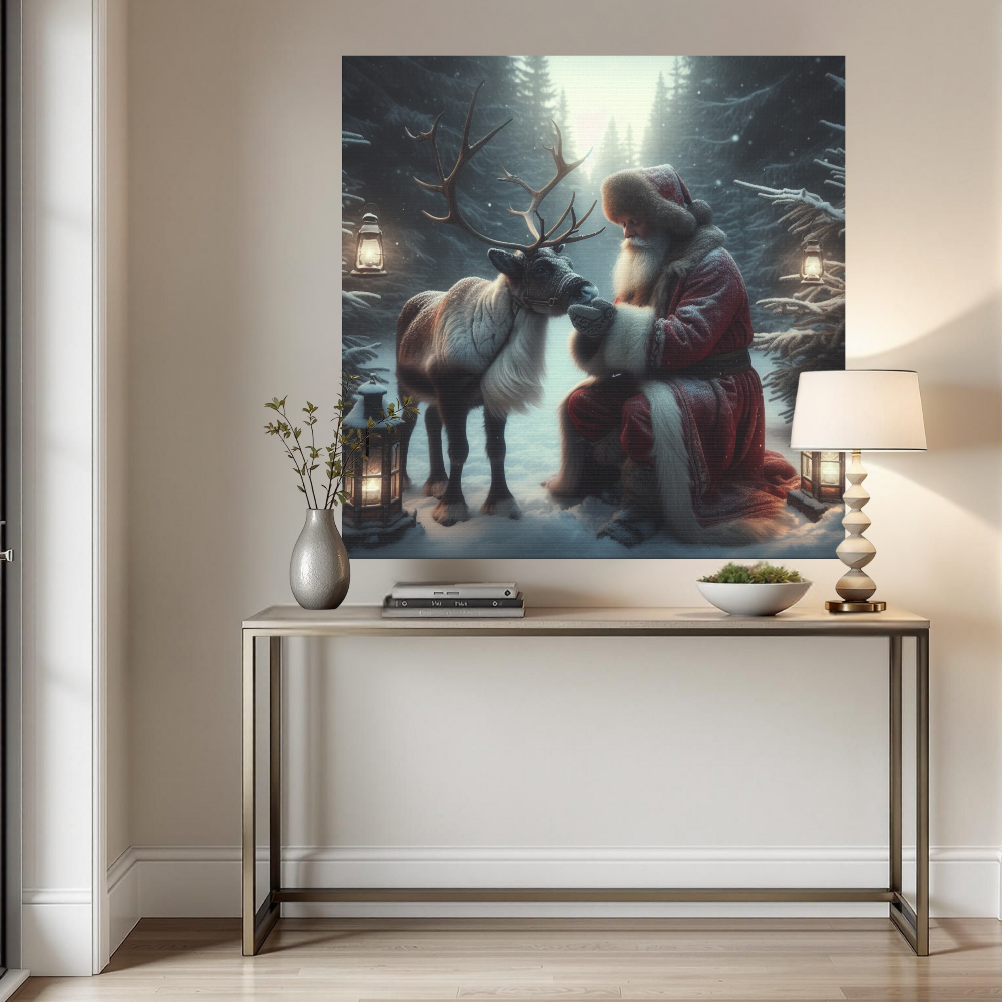 Santa Kneeling Beside Reindeer – Magical Christmas Wall Art