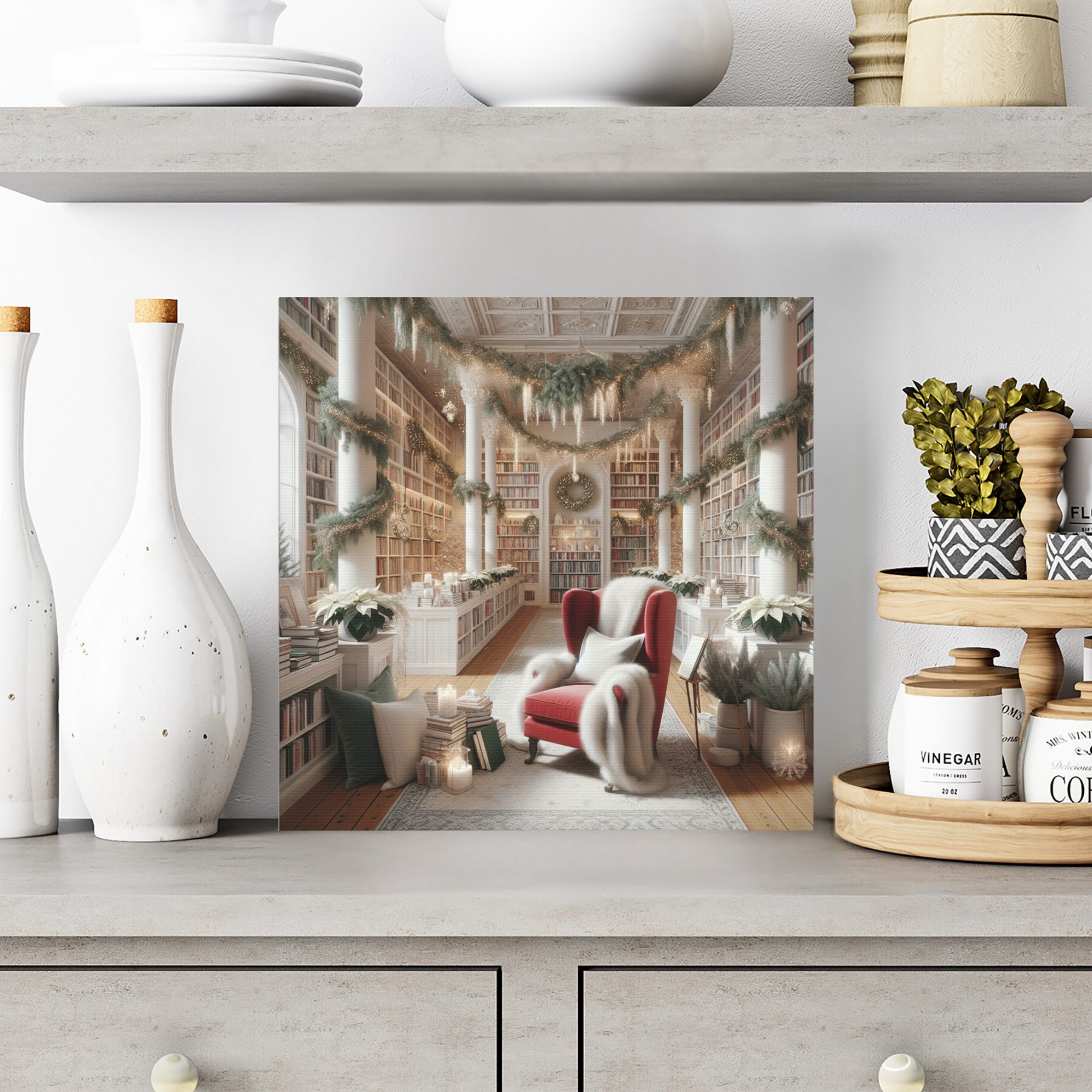 Santa’s Library With Red Chair and Garland – Cozy Christmas Wall Art