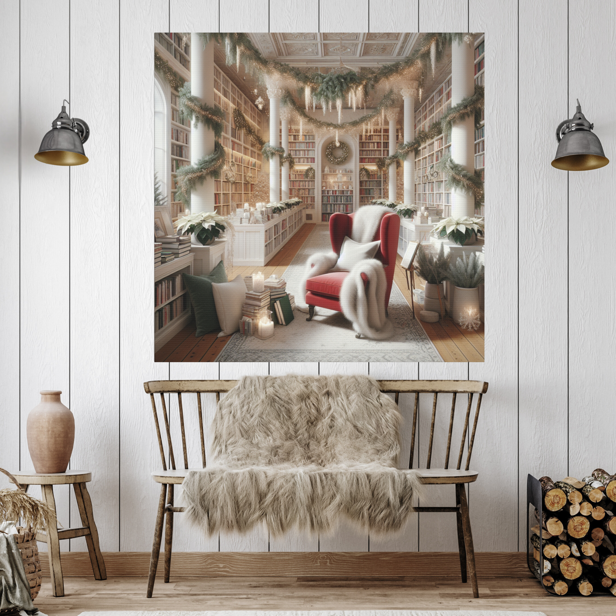 Santa’s Library With Red Chair and Garland – Cozy Christmas Wall Art