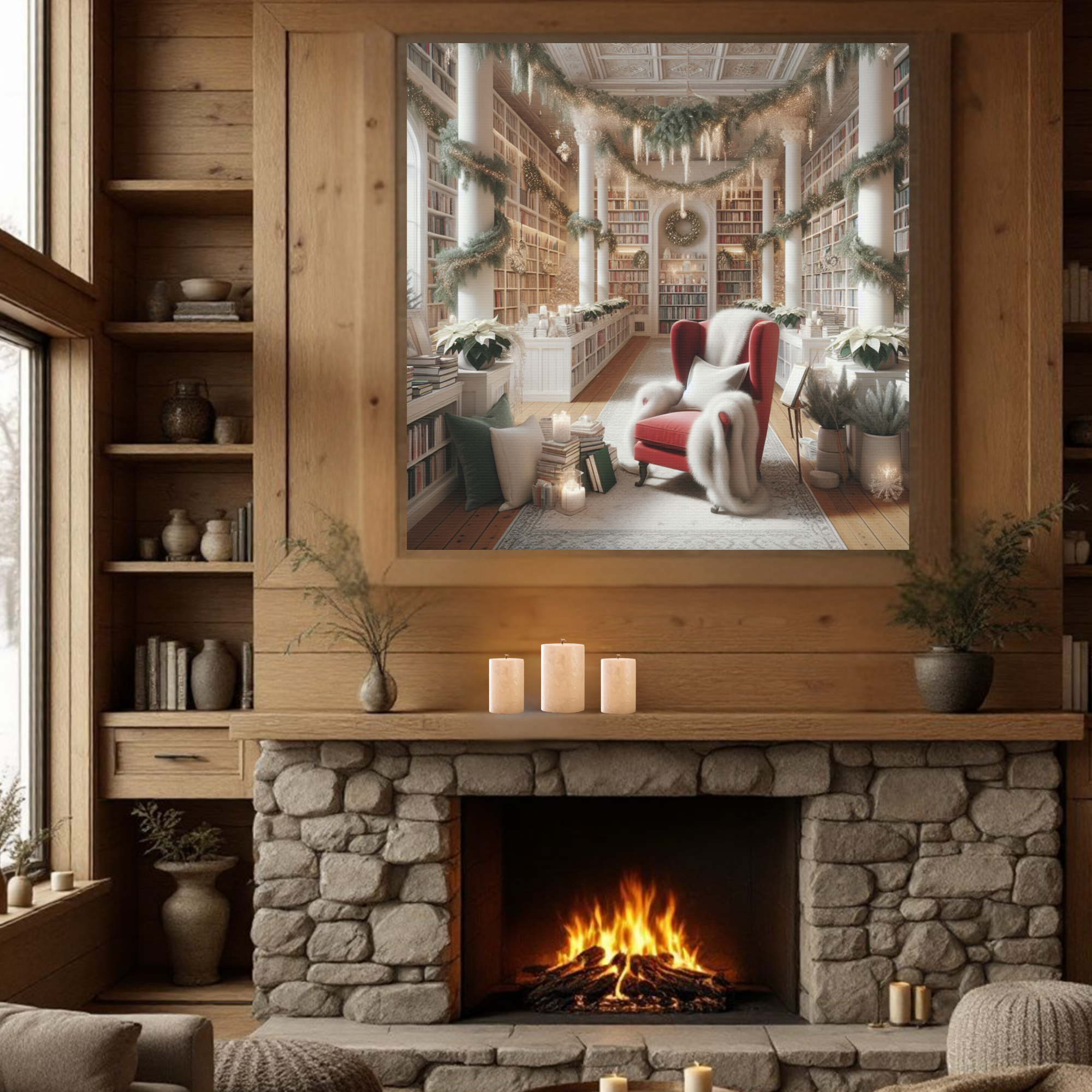 Santa’s Library With Red Chair and Garland – Cozy Christmas Wall Art