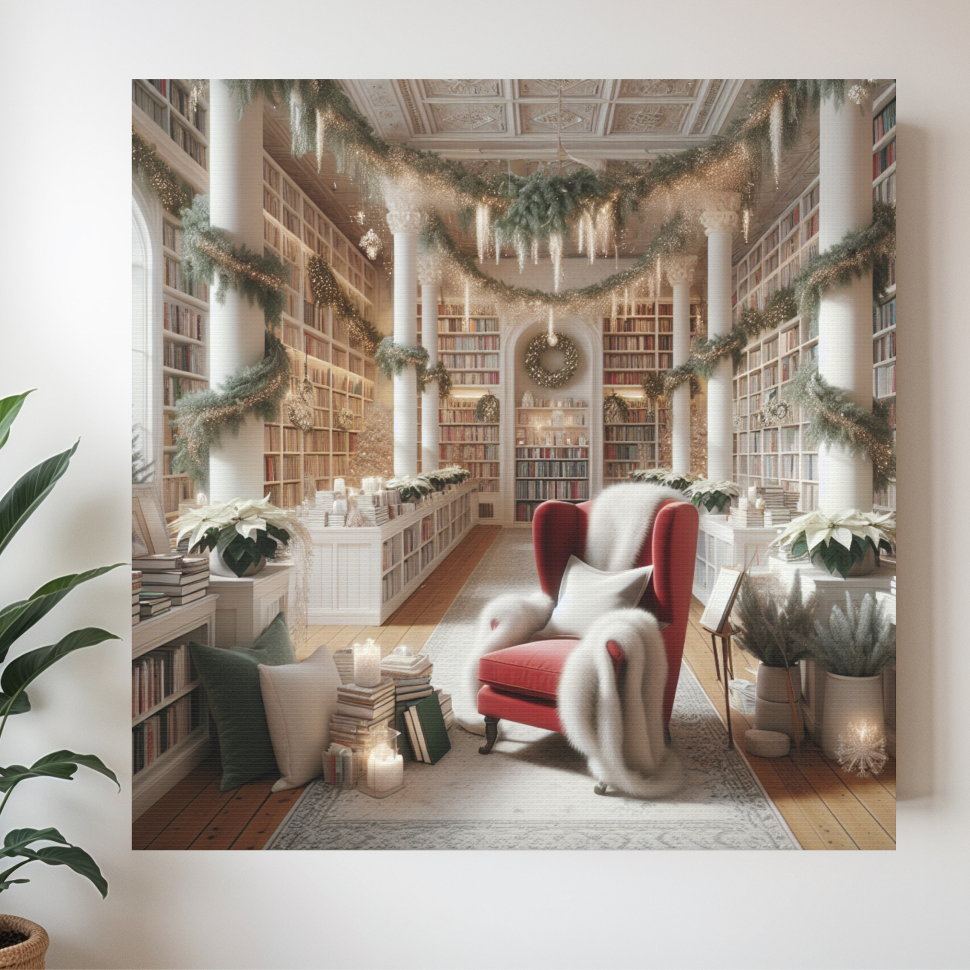 Santa’s Library With Red Chair and Garland – Cozy Christmas Wall Art